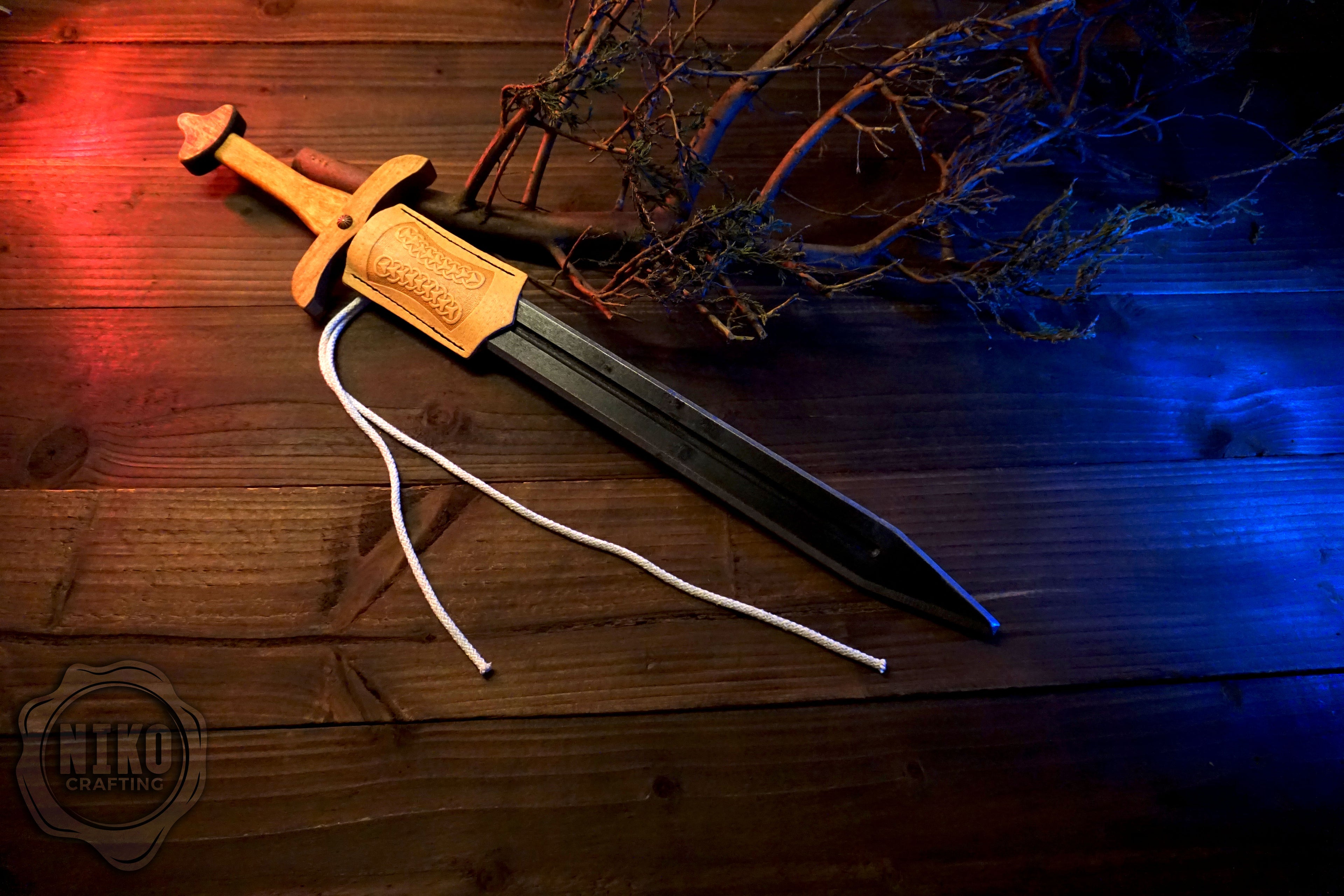 Wooden Viking Toy Sword with Leather Scabbard – Handmade, Personalised Toy - C