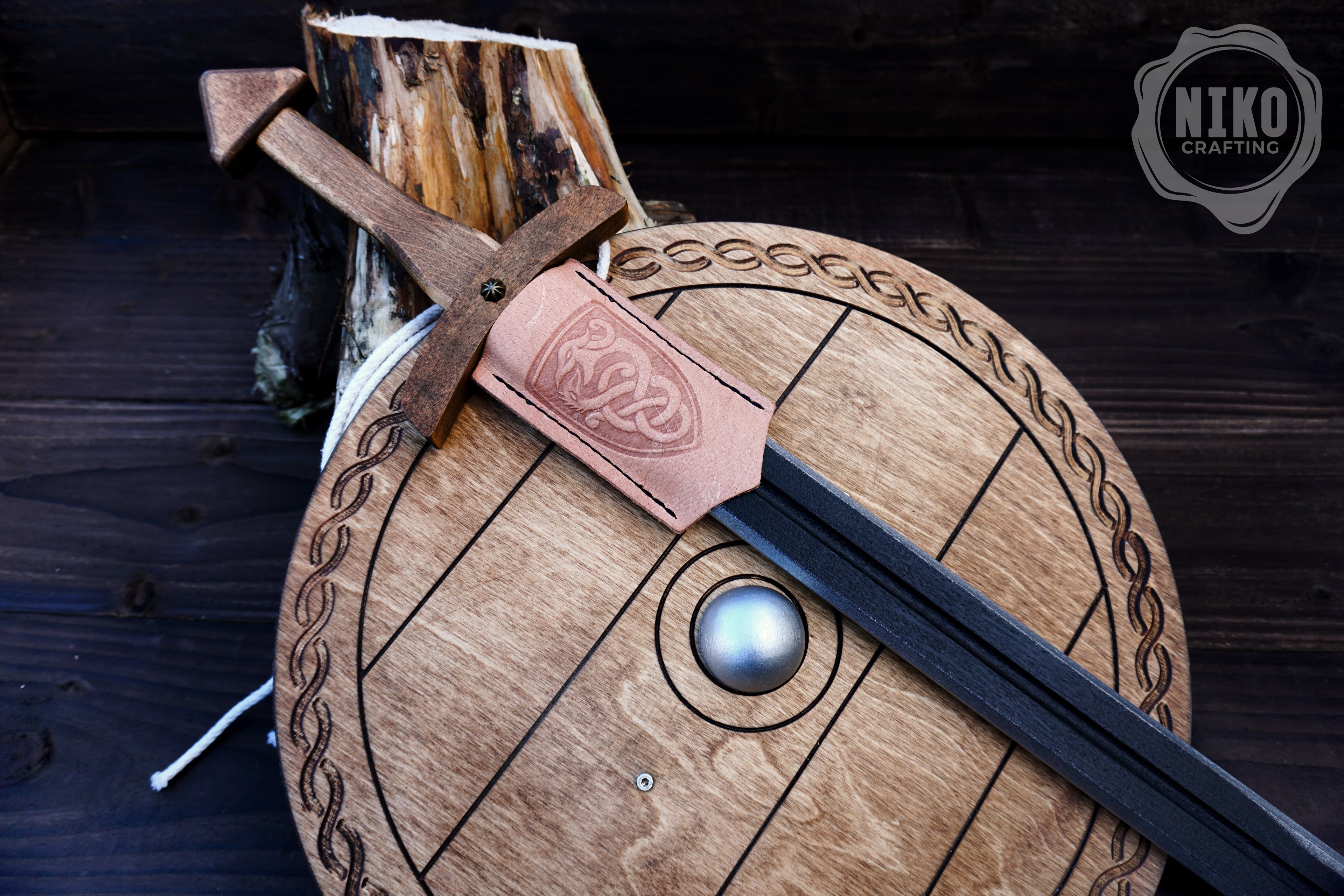 Wooden Toy Viking Sword and Round Shield Set: Handmade Personalised Gift - B