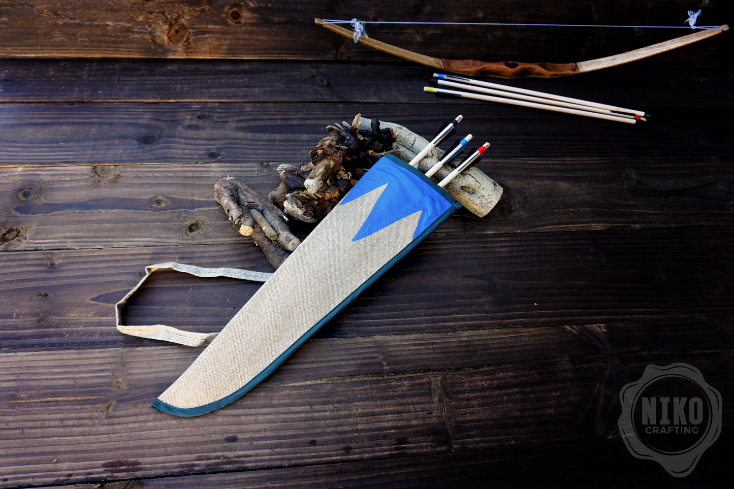 Handmade Toy Linen Quiver for Small Bow – Includes 3 Wooden Arrows