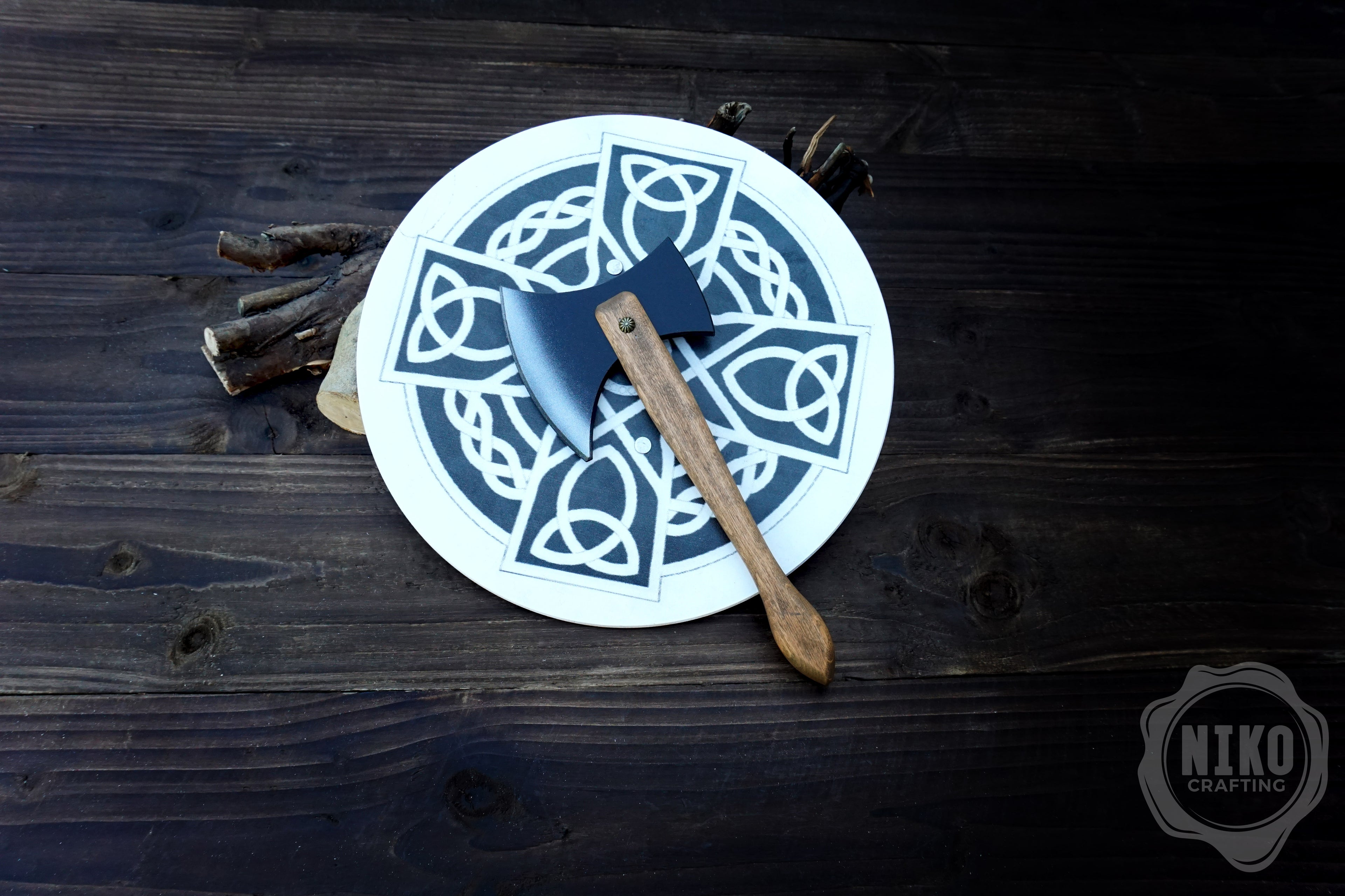 Wooden Small Toy Axe and Celtic cross Shield - Handmade, Personalised gift