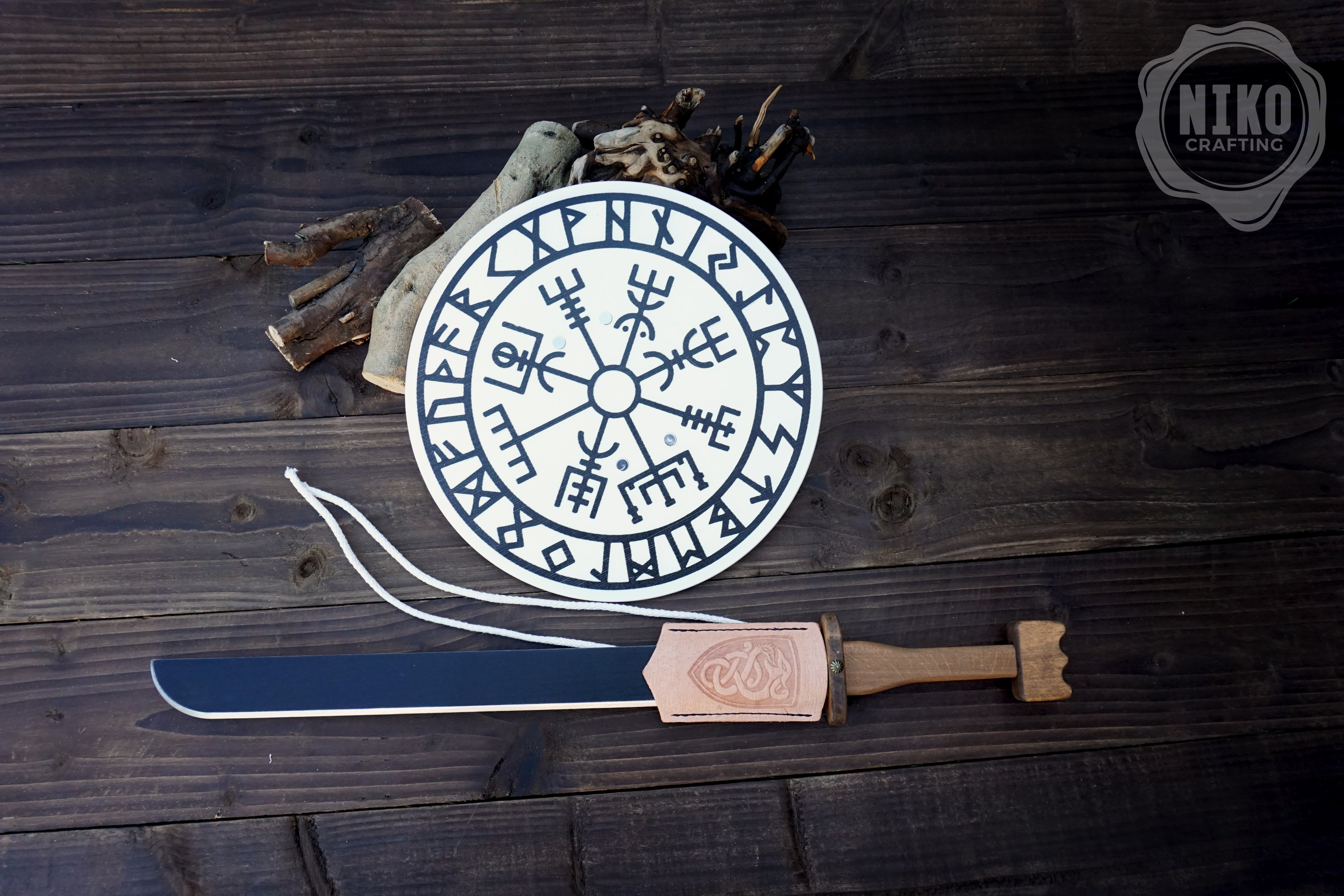 Wooden Viking Toy Sword (langsax) and Shield Set (Vegvisir): Handmade Personalised gift