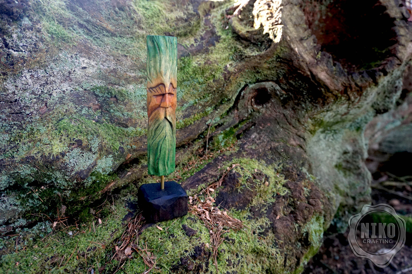 Hand Carved Green Man - Whittled Standing Figurine. Personalised Wood Spirit with stand.