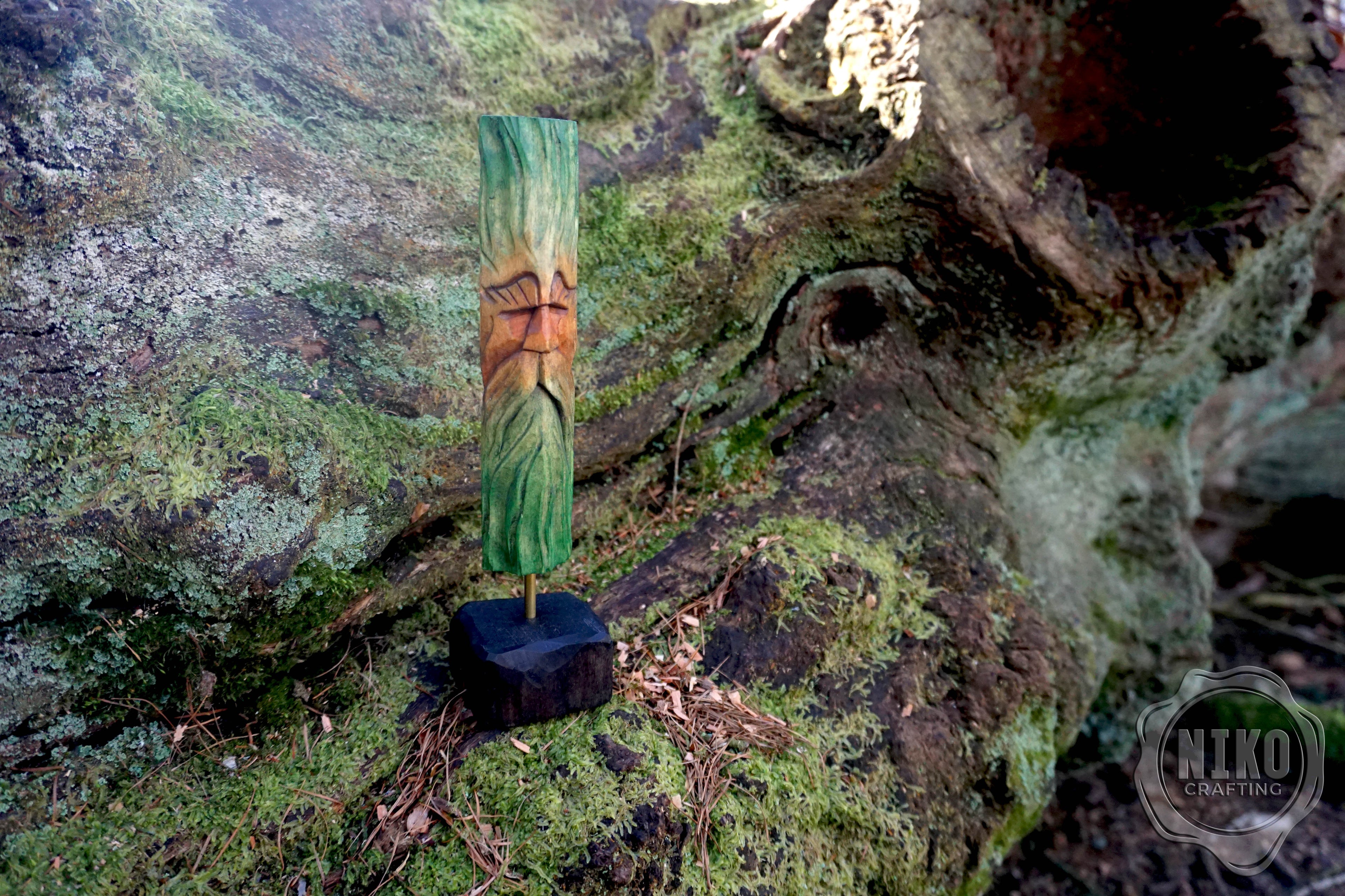 Hand Carved Green Man - Whittled Standing Figurine. Personalised Wood Spirit with stand.