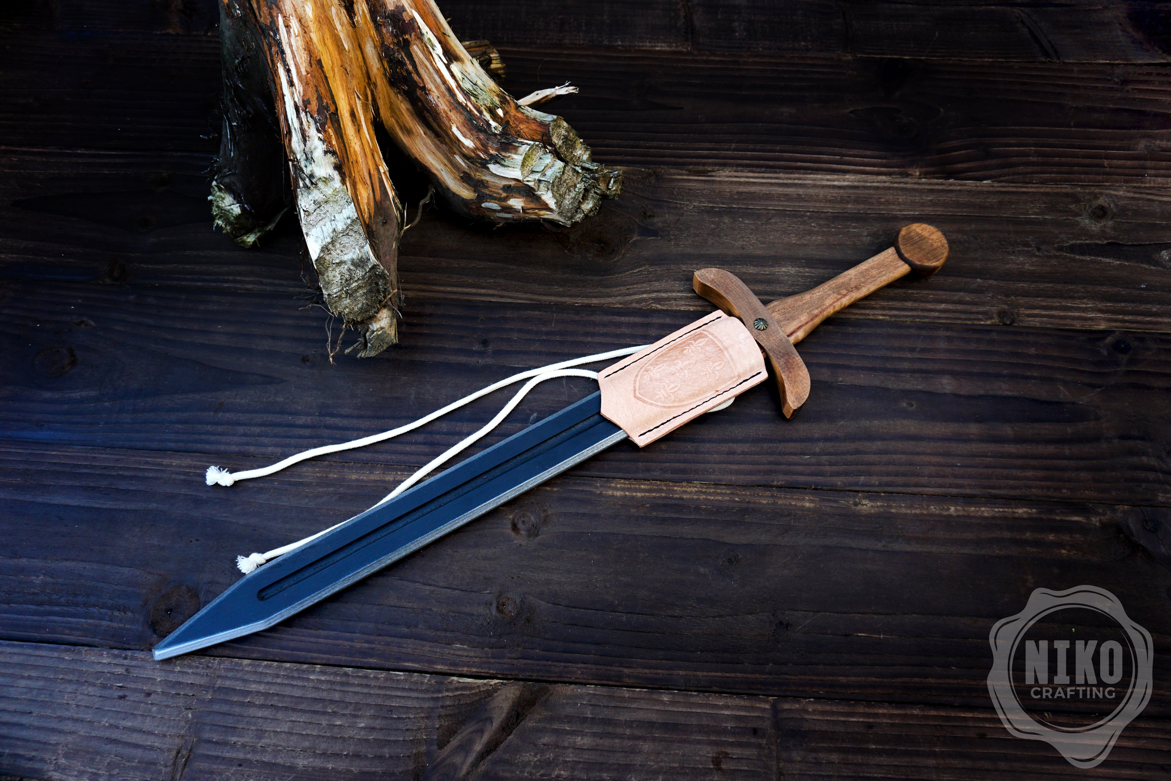 Wooden Medieval Toy Sword with Leather Scabbard – Personalised Handmade Toy