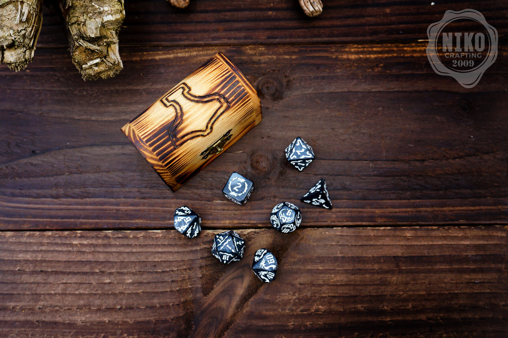 DnD Dice in Wooden Box - Pyrography: Thor Hammer - Hand-made, Personalized Dungeons and dragons Gift