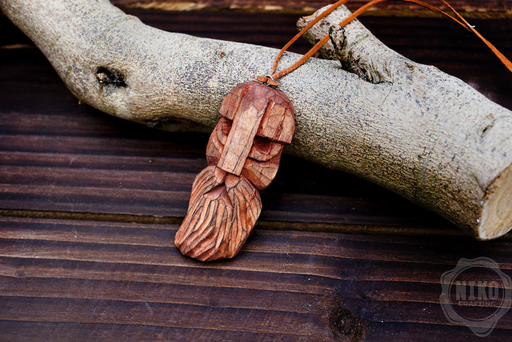 Hand-Carved Viking Pendant - Norse Jewellery. Wooden Necklace on Leather Cord - Personalized whittling gift.