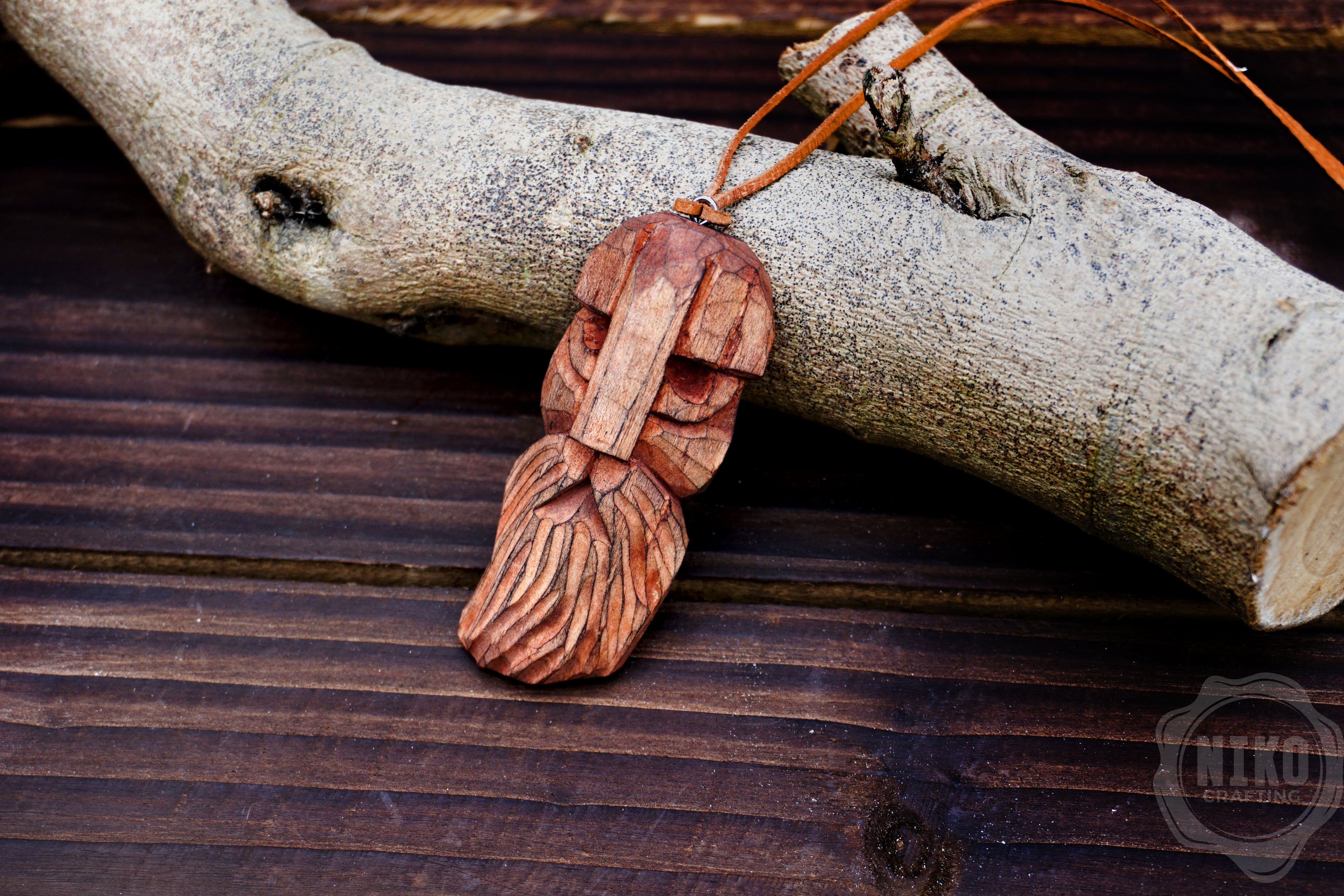 Hand-Carved Viking Pendant - Norse Jewellery. Wooden Necklace on Leather Cord - Personalized whittling gift.