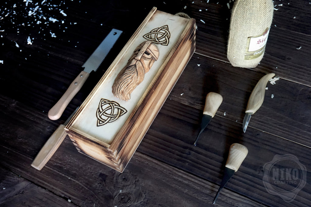 Handmade Wooden Wine Box - Carved Viking Warrior on Sliding Lid. Personalized Gift - Chest with Rope Handle & Pyrography