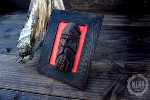 Hand Carved Black Viking in Frame - Personalized Rustic Home Decoration