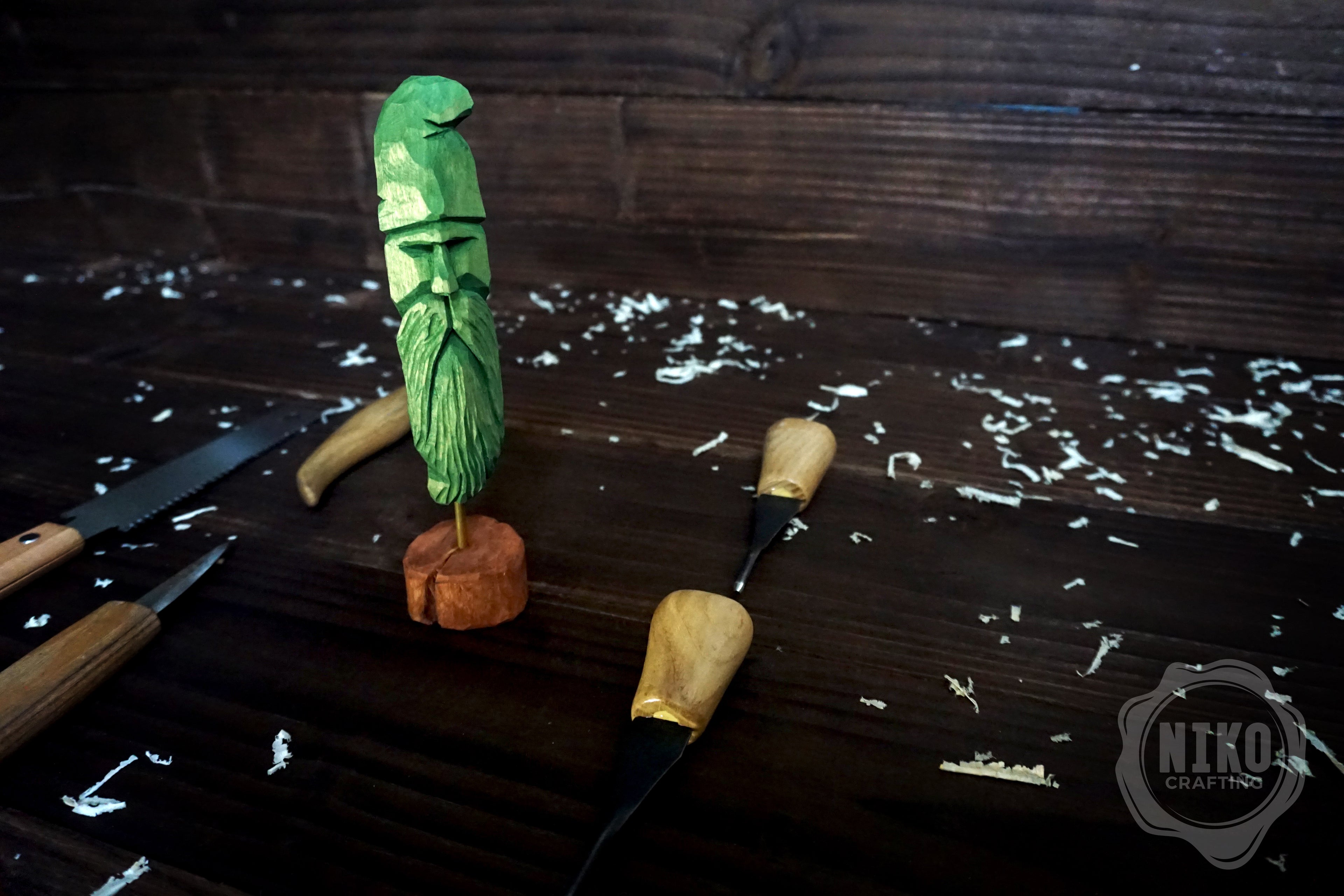 Hand-Carved Bearded Viking- Whittled Standing Figurine. Personalised Green Viking in Hat