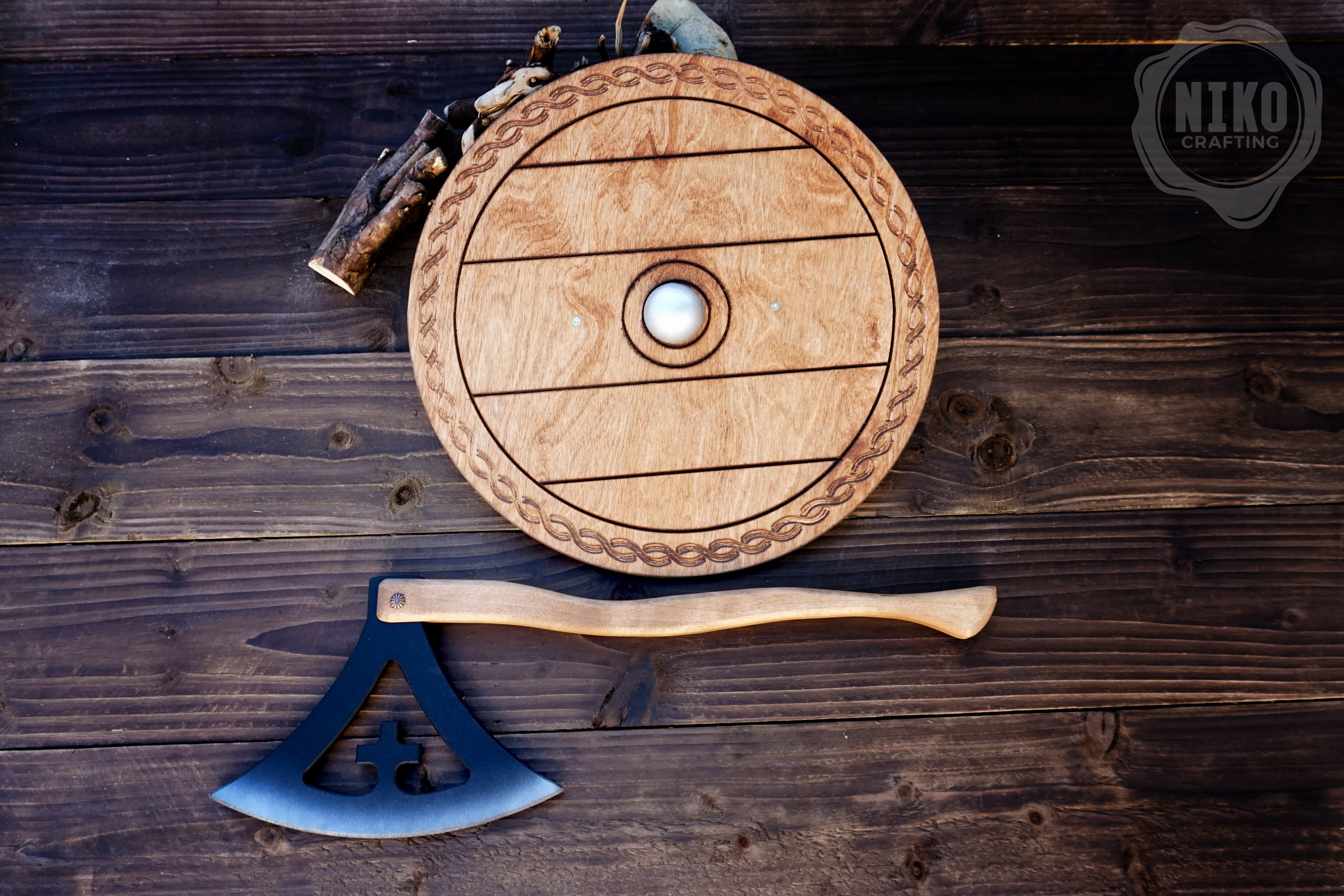 Wooden Viking Axe and Round Shield - Gotland - Handmade Personalised Toy