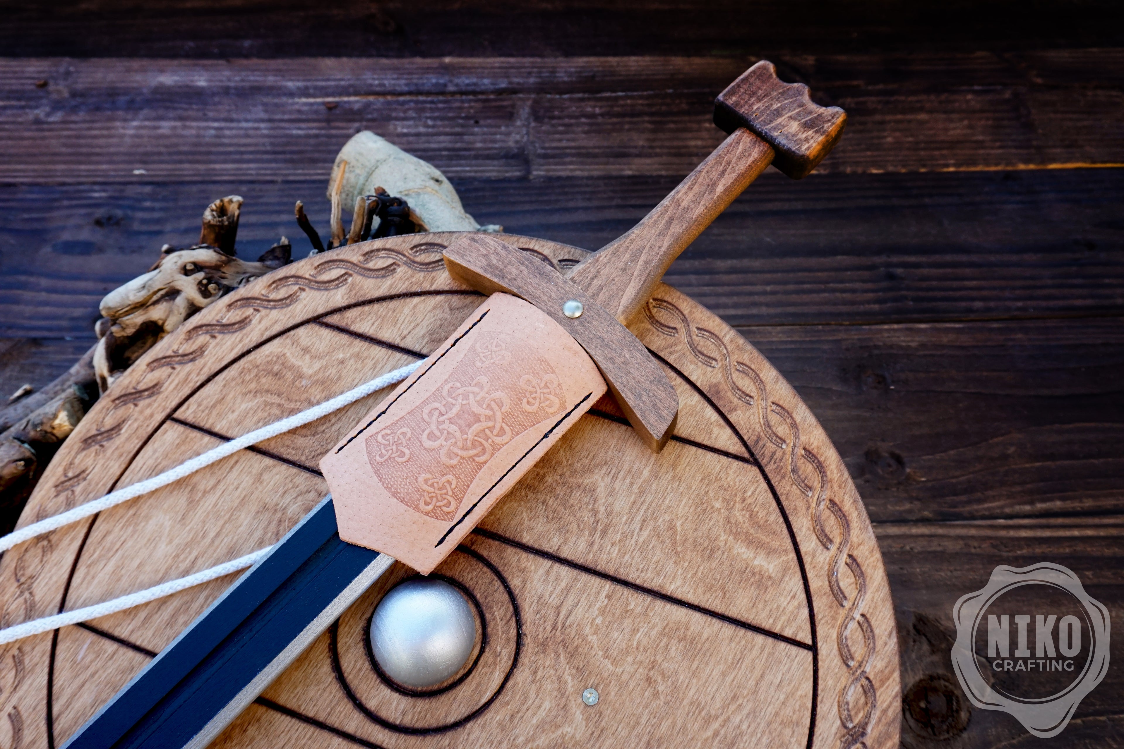 Wooden Toy Viking Sword and Round Shield Set: Handmade Personalised Gift - A
