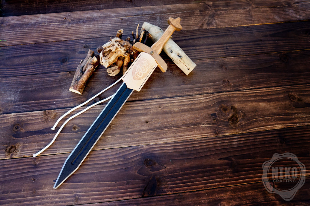 Wooden Viking Toy Sword with Leather Scabbard – Handmade, Personalised Toy - C