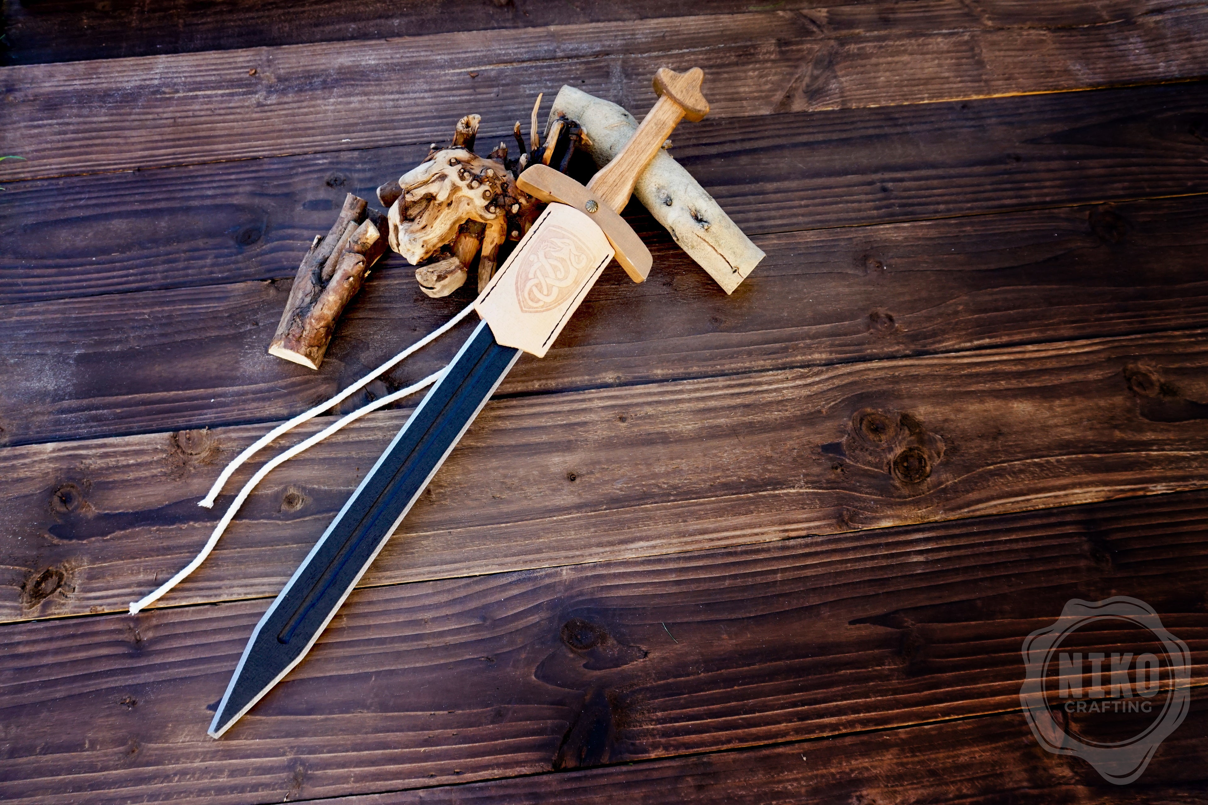 Wooden Viking Toy Sword with Leather Scabbard – Handmade, Personalised Toy - C