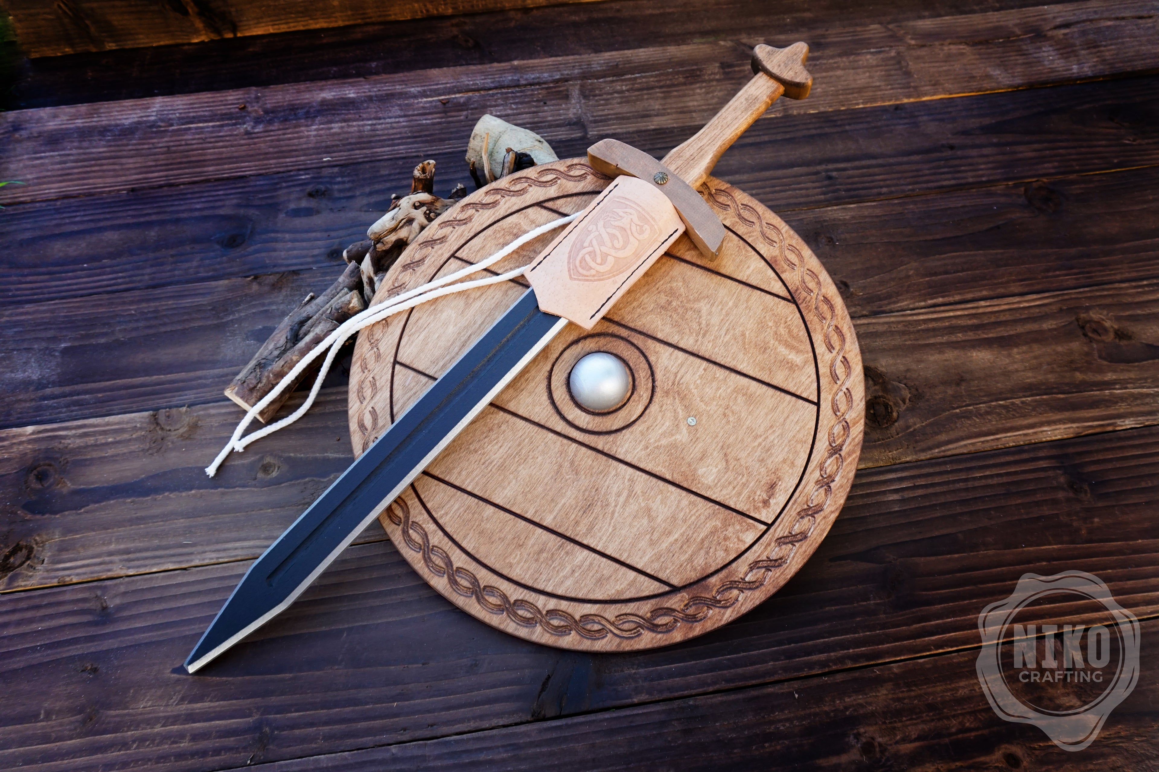 Wooden Toy Viking Sword and Round Shield Set: Handmade Personalised Gift - C