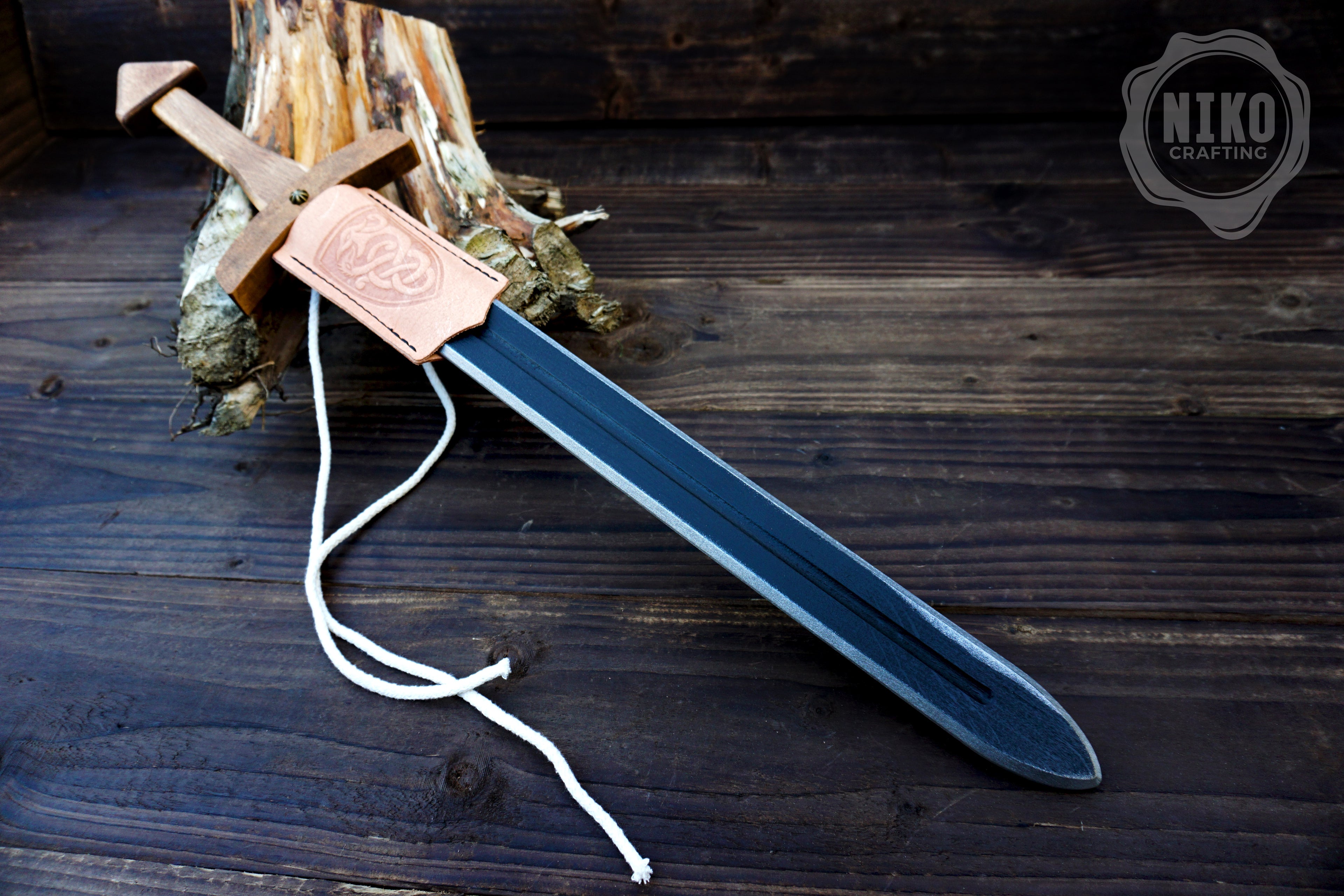 Wooden Viking Toy Sword with Leather Scabbard – Handmade, Personalised Toy - B