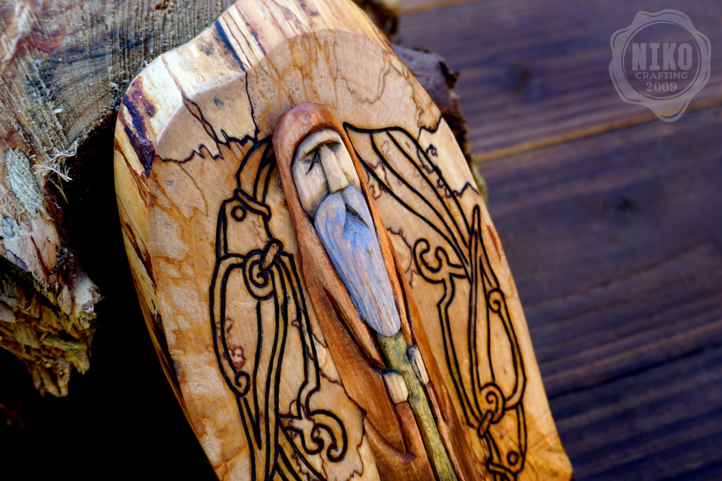 Hand Carved Odin Wall Art with Ravens – Lime Wood & Silver Birch – Viking Norse Wooden Decor – Handmade Rustic Ornament