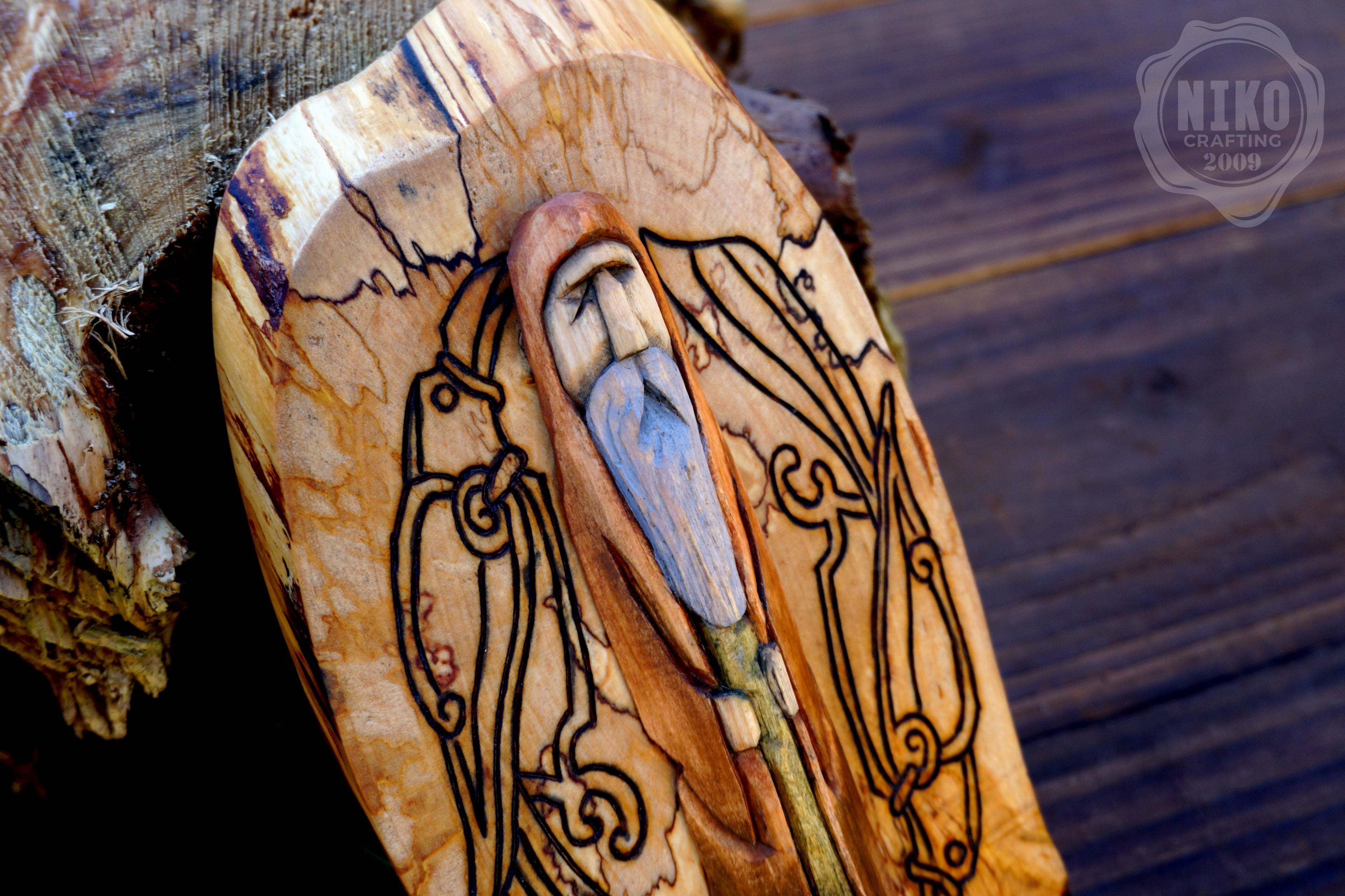 Hand Carved Odin Wall Art with Ravens – Lime Wood & Silver Birch – Viking Norse Wooden Decor – Handmade Rustic Ornament