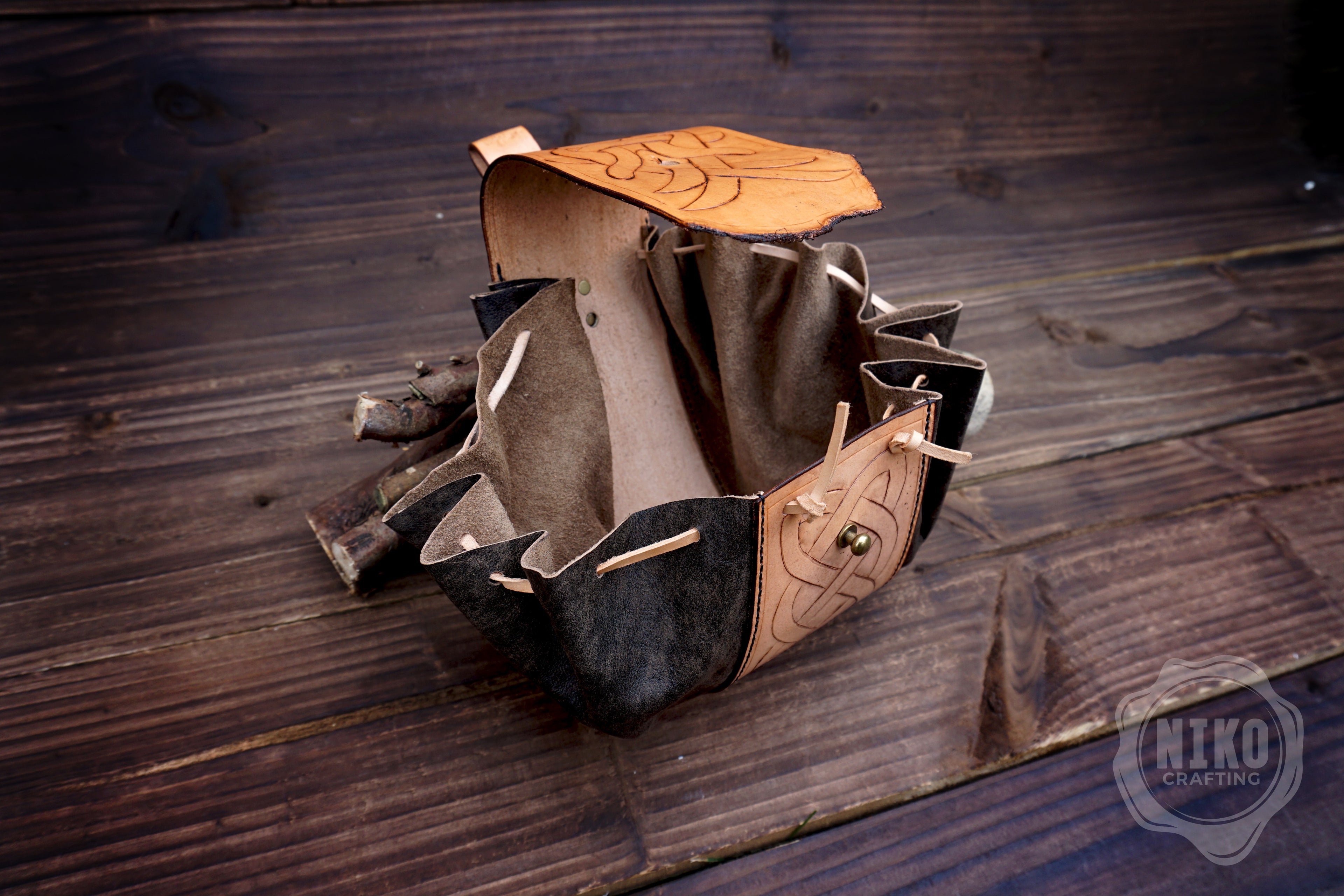 Handmade leather Viking Belt Pouch with "Aarhus Stone" Embossing - Medieval Hip-bag