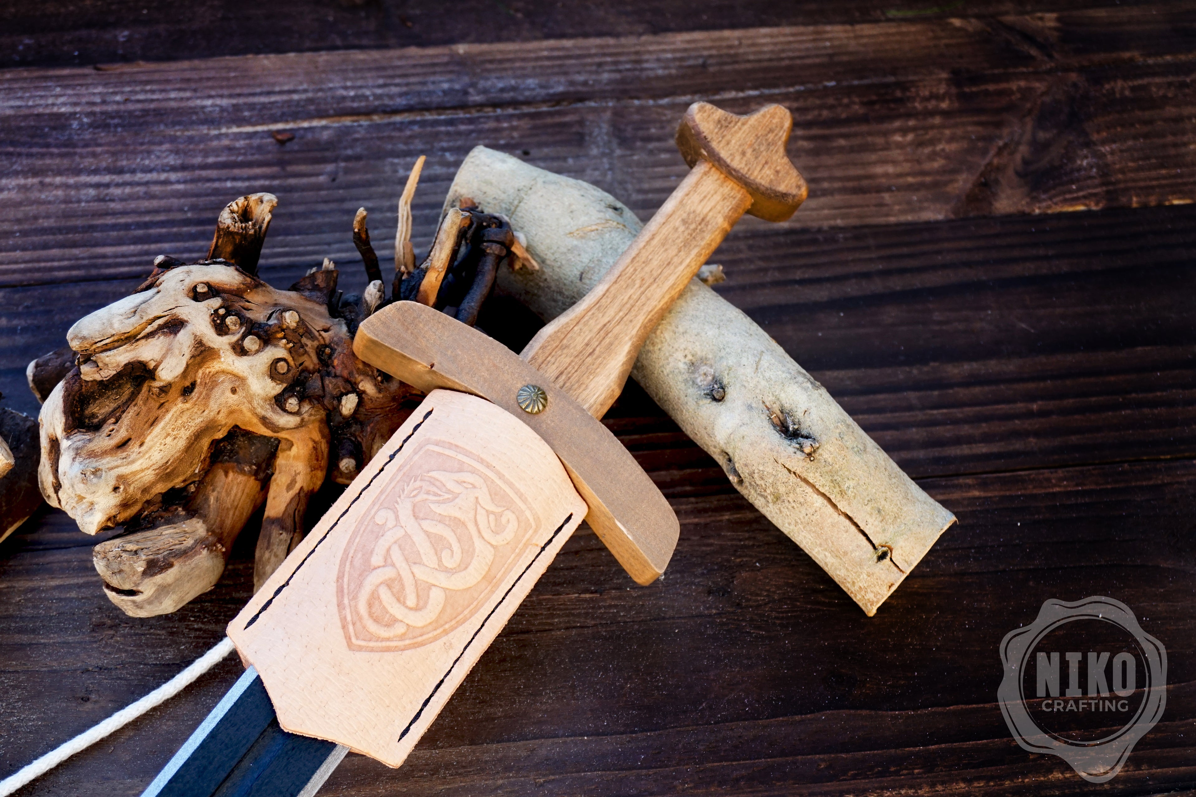 Wooden Viking Toy Sword with Leather Scabbard – Handmade, Personalised Toy - C