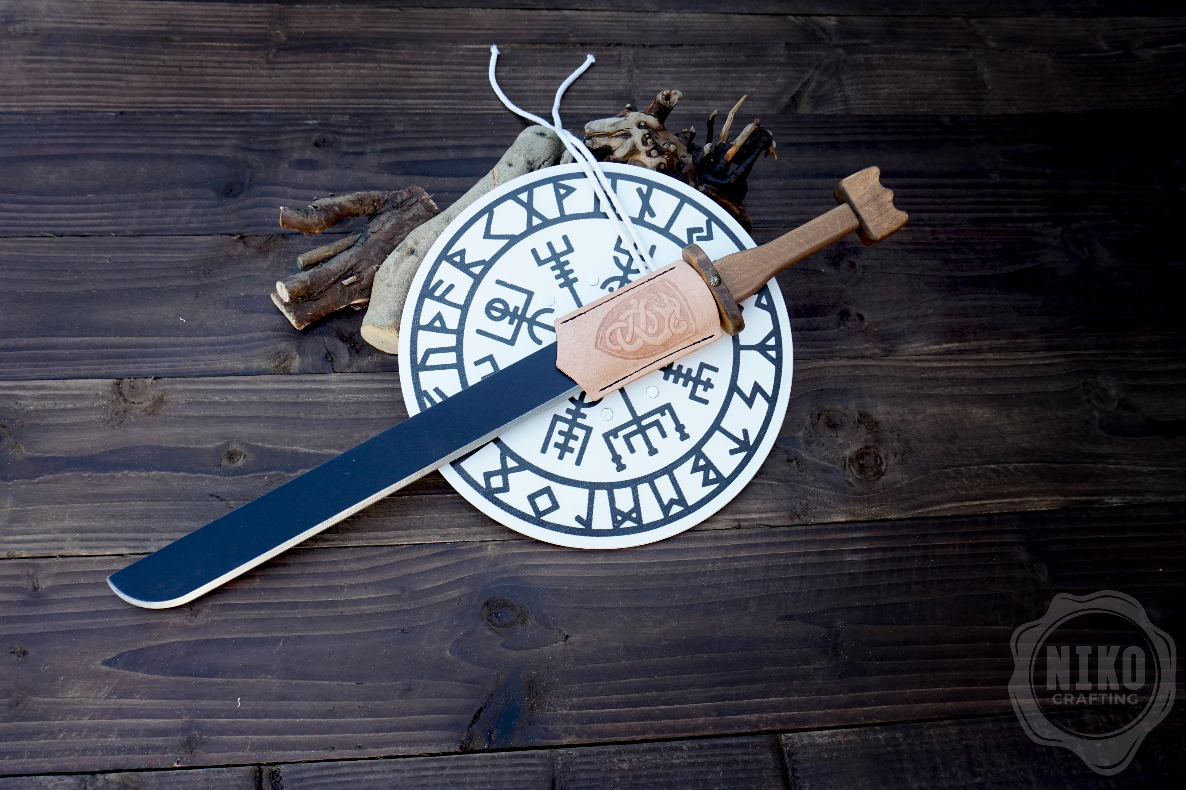 Wooden Viking Toy Sword (langsax) and Shield Set (Vegvisir): Handmade Personalised gift
