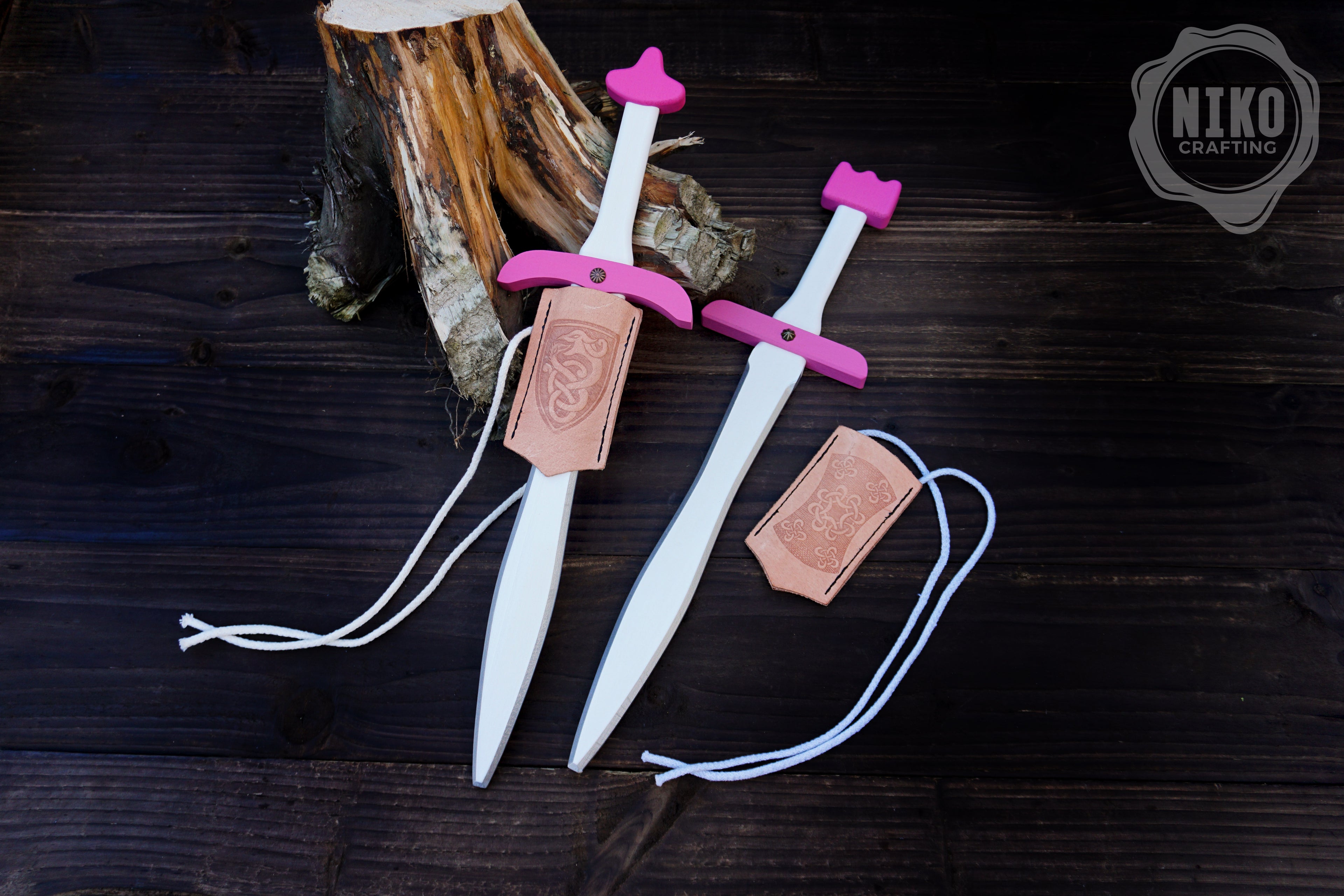Pink Wooden Toy Sword with Leather Scabbard: Handmade, Personalised Gift