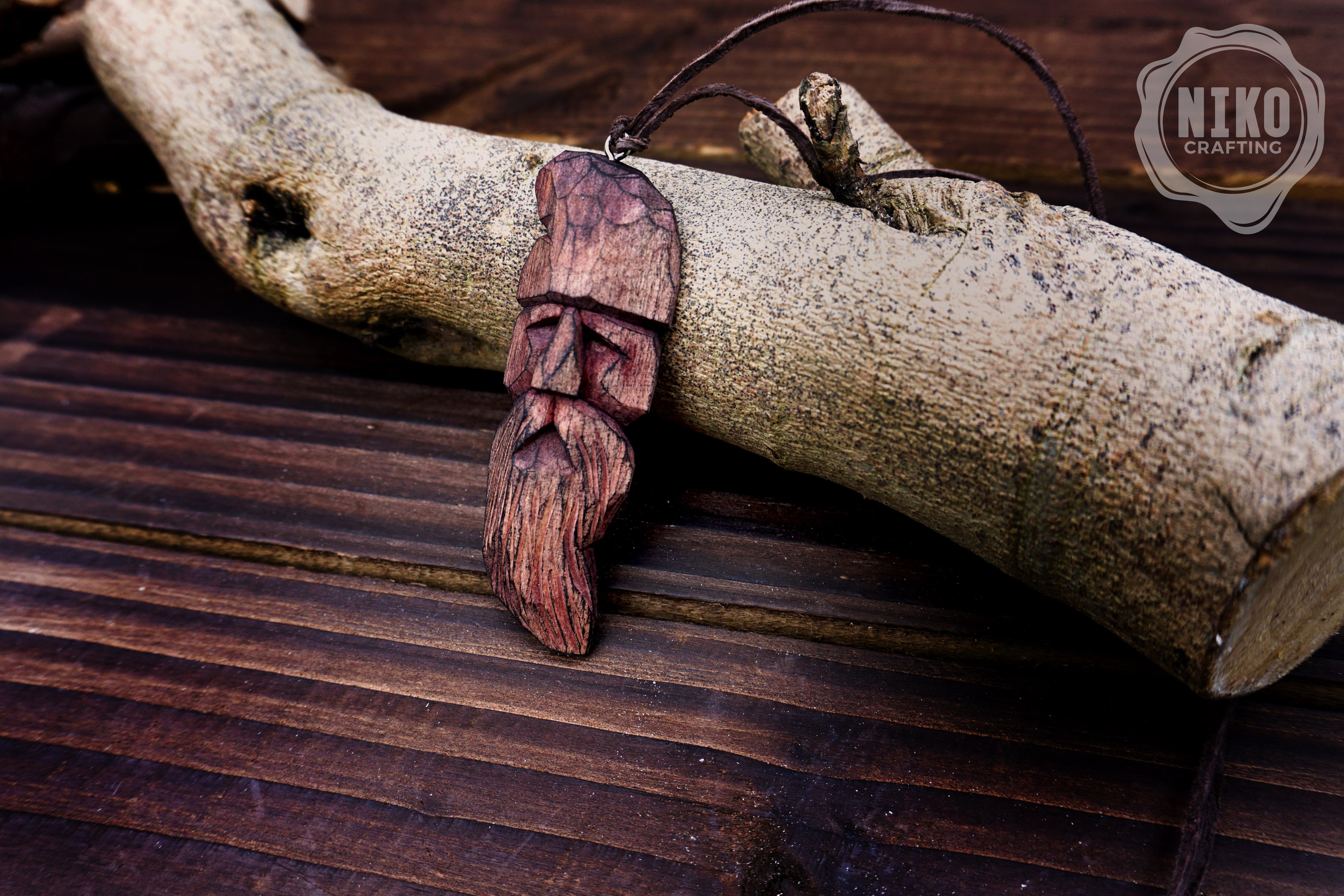 Hand-Carved Pendant - Norse Jewellery. Wooden Necklace on Leather Cord - Personalized whittling gift.