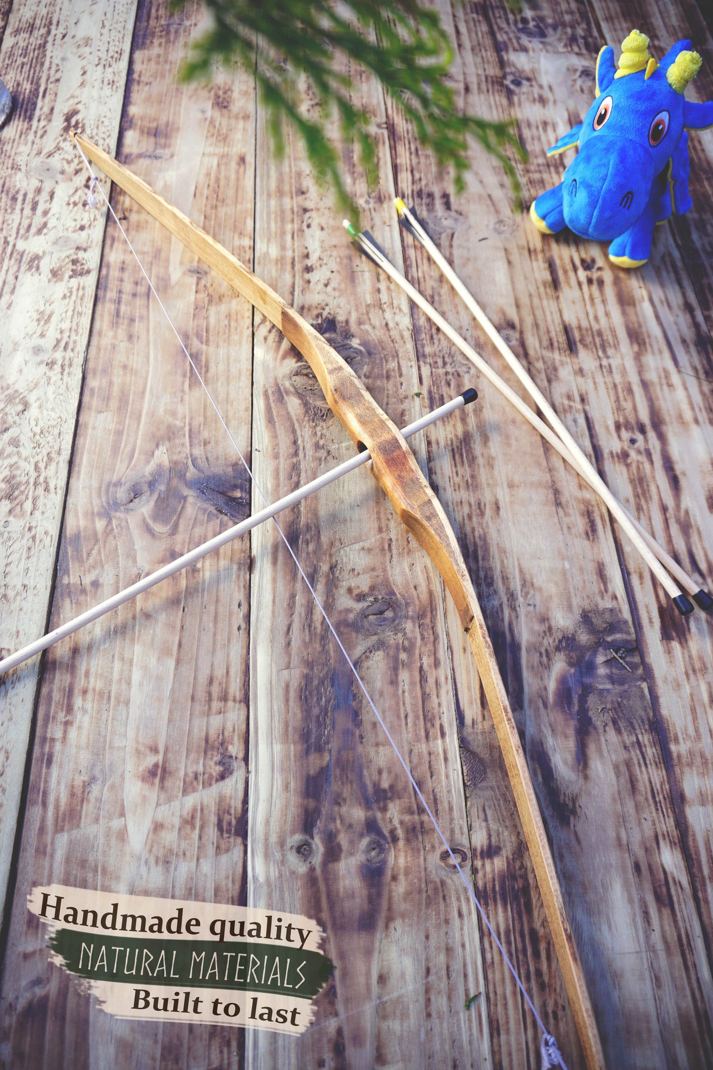 Handmade Wooden Large Bow with Arrows: Medieval Outdor Play - Personalized Gift