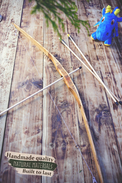 Handmade Wooden Large Bow with Arrows: Medieval Outdor Play - Personalized Gift