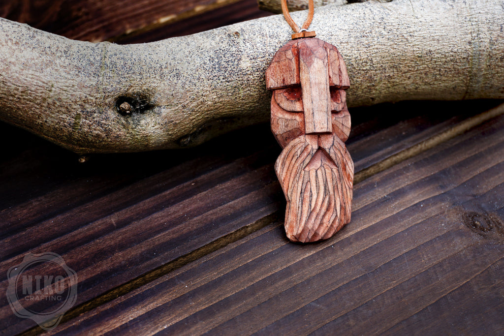 Hand-Carved Viking Pendant - Norse Jewellery. Wooden Necklace on Leather Cord - Personalized whittling gift.