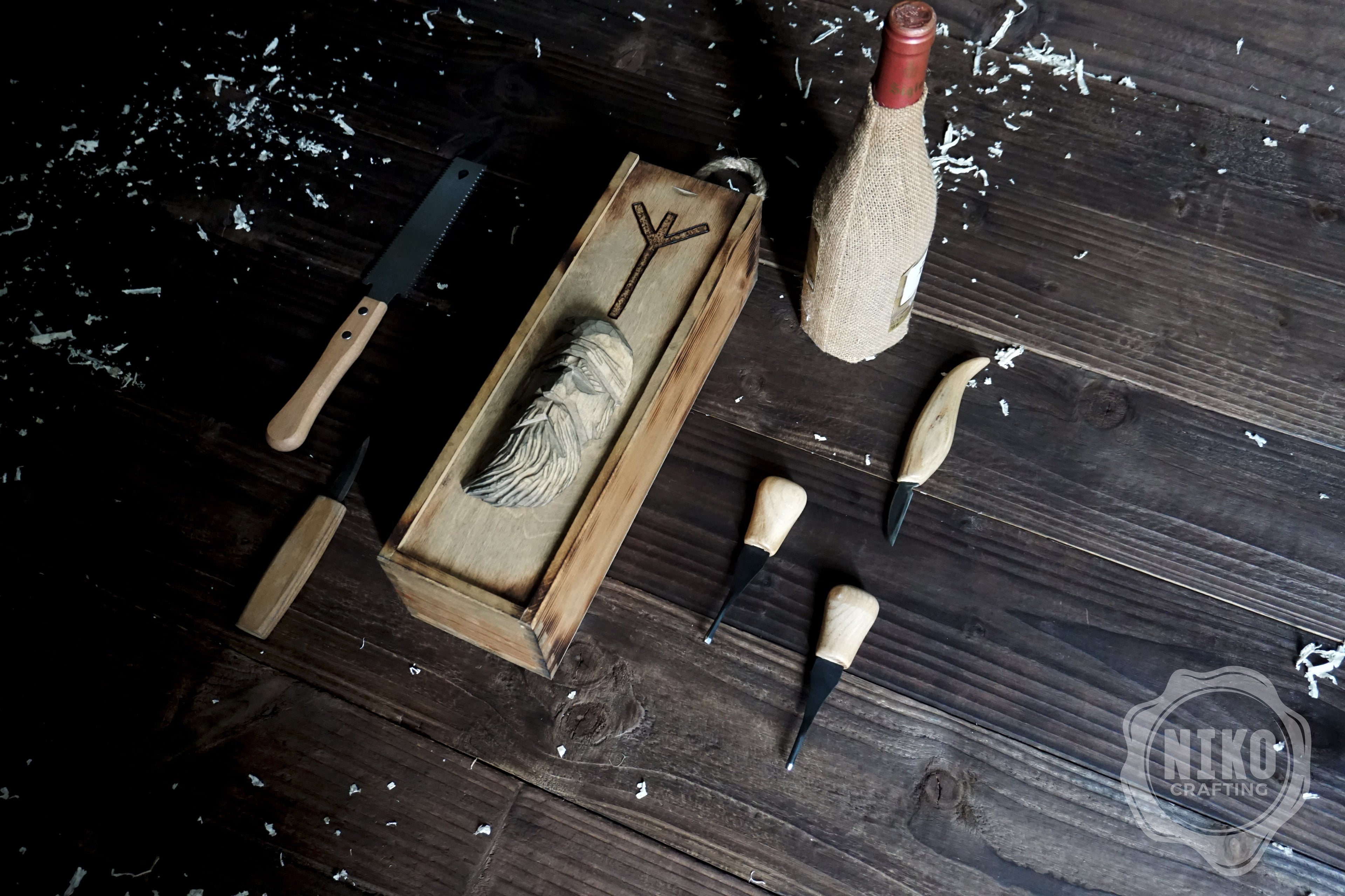 Handmade Wooden Wine Box - Carved Viking on Sliding Lid. Personalized Chest with Handle & Pyrography Rune of Protection