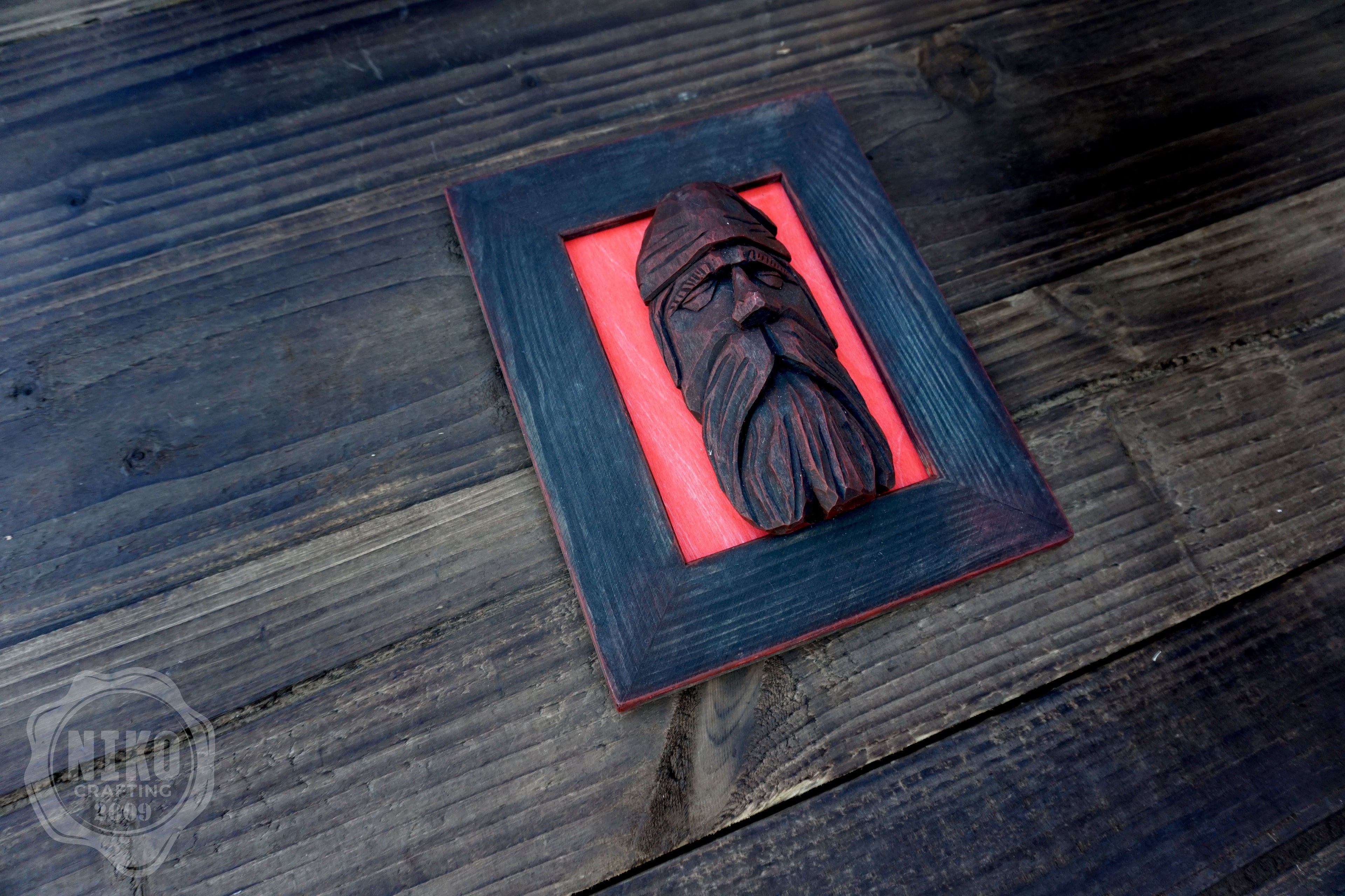 Hand Carved Black Viking in Frame - Personalized Rustic Home Decoration