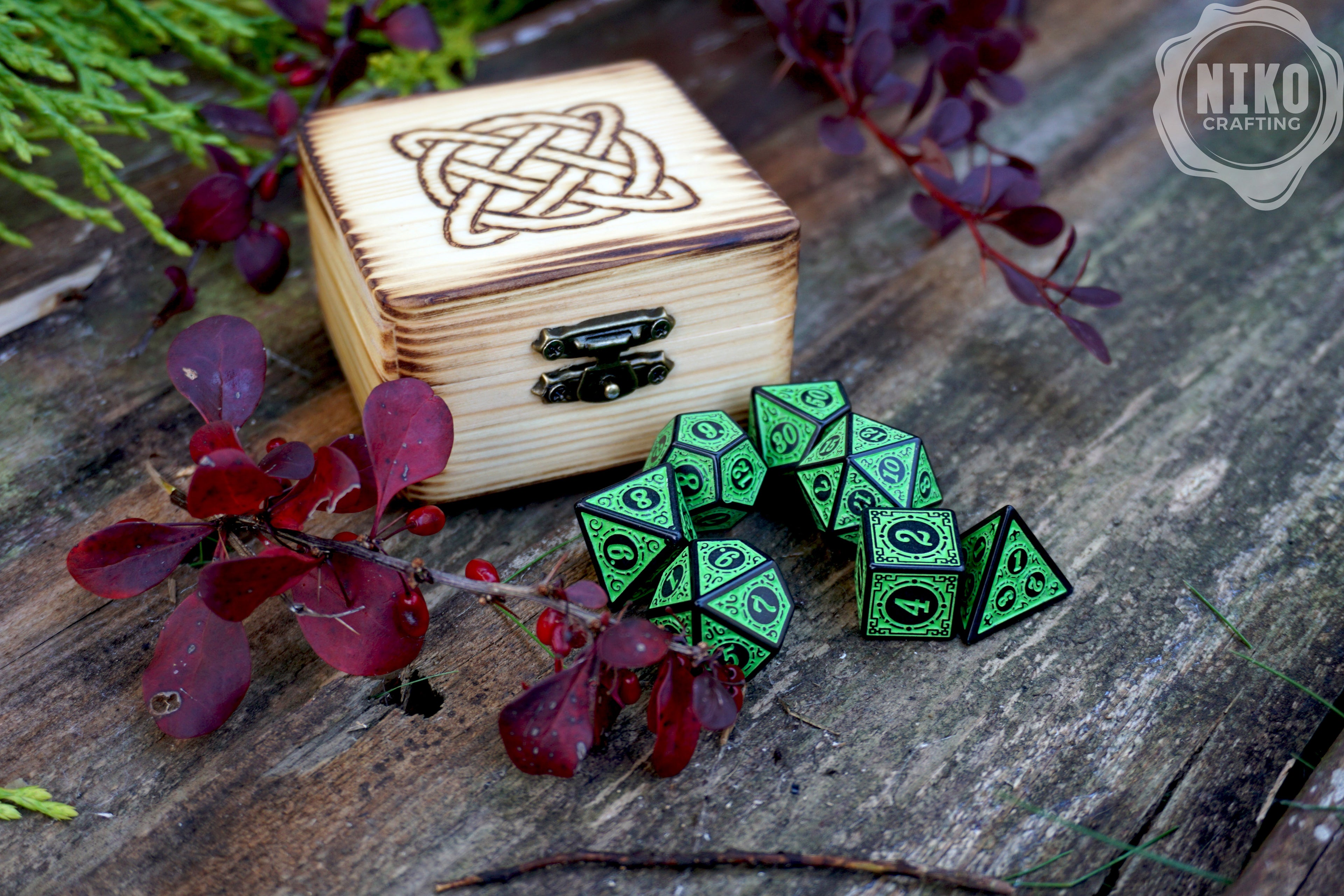 Personalised DnD Dice Set with Pyrography Wooden Box -  Viking Knot Design