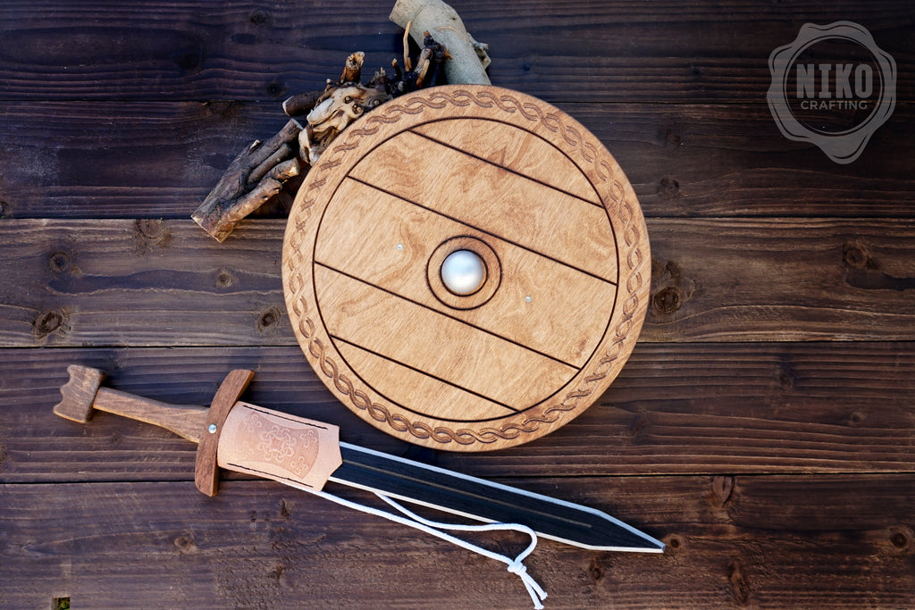 Wooden Toy Viking Sword and Round Shield Set: Handmade Personalised Gift - A