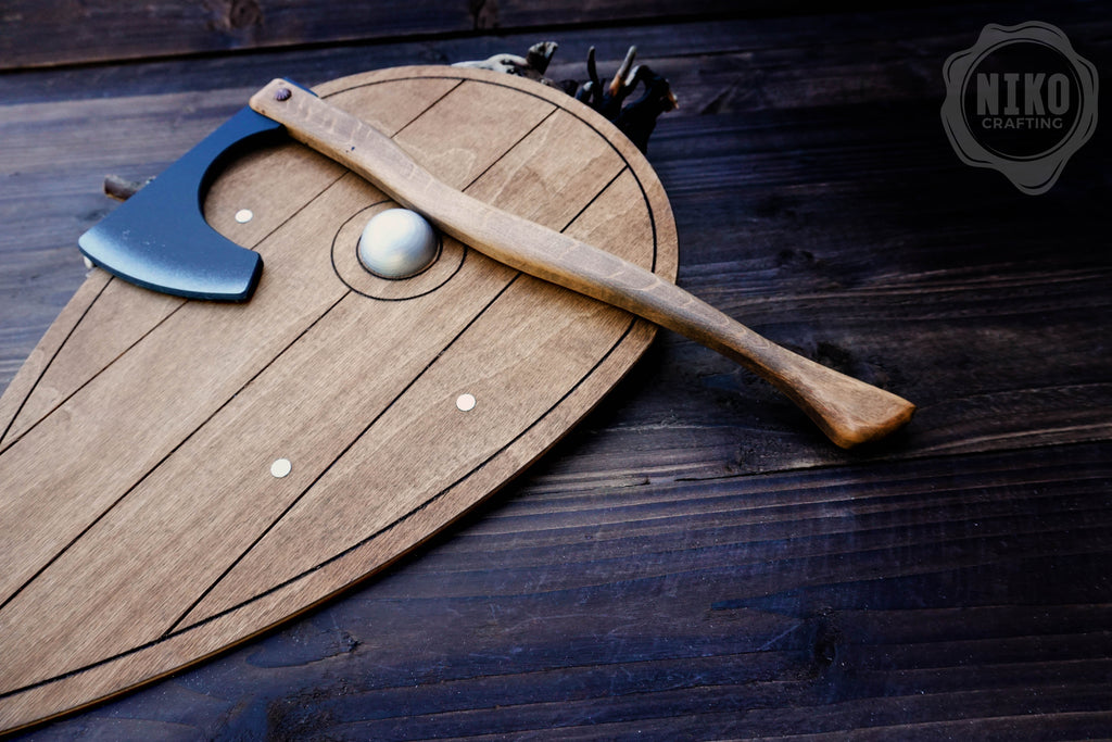Wooden Viking Axe and Almond Shield - Handmade Personalised Toy