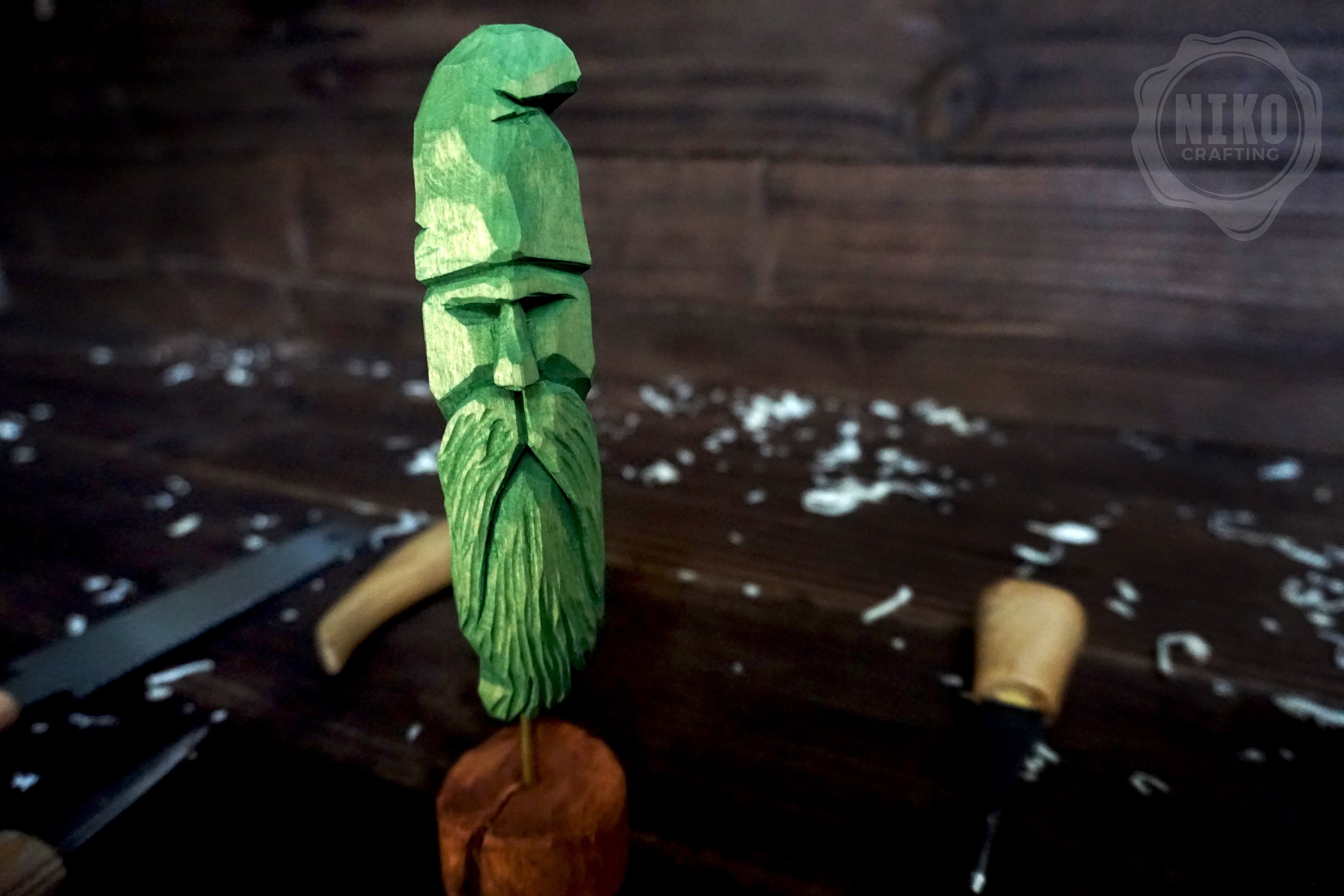 Hand-Carved Bearded Viking- Whittled Standing Figurine. Personalised Green Viking in Hat