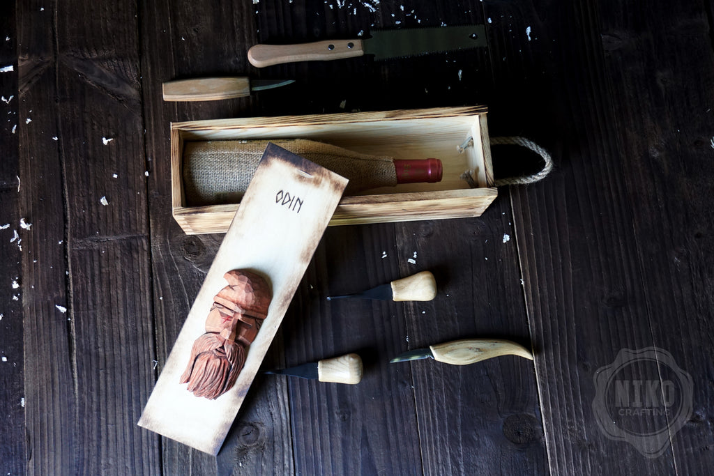 Handmade Wooden Wine Box - Carved Odin on Sliding Lid. Personalized Viking Gift - Chest with Rope Handle & Pyrography.