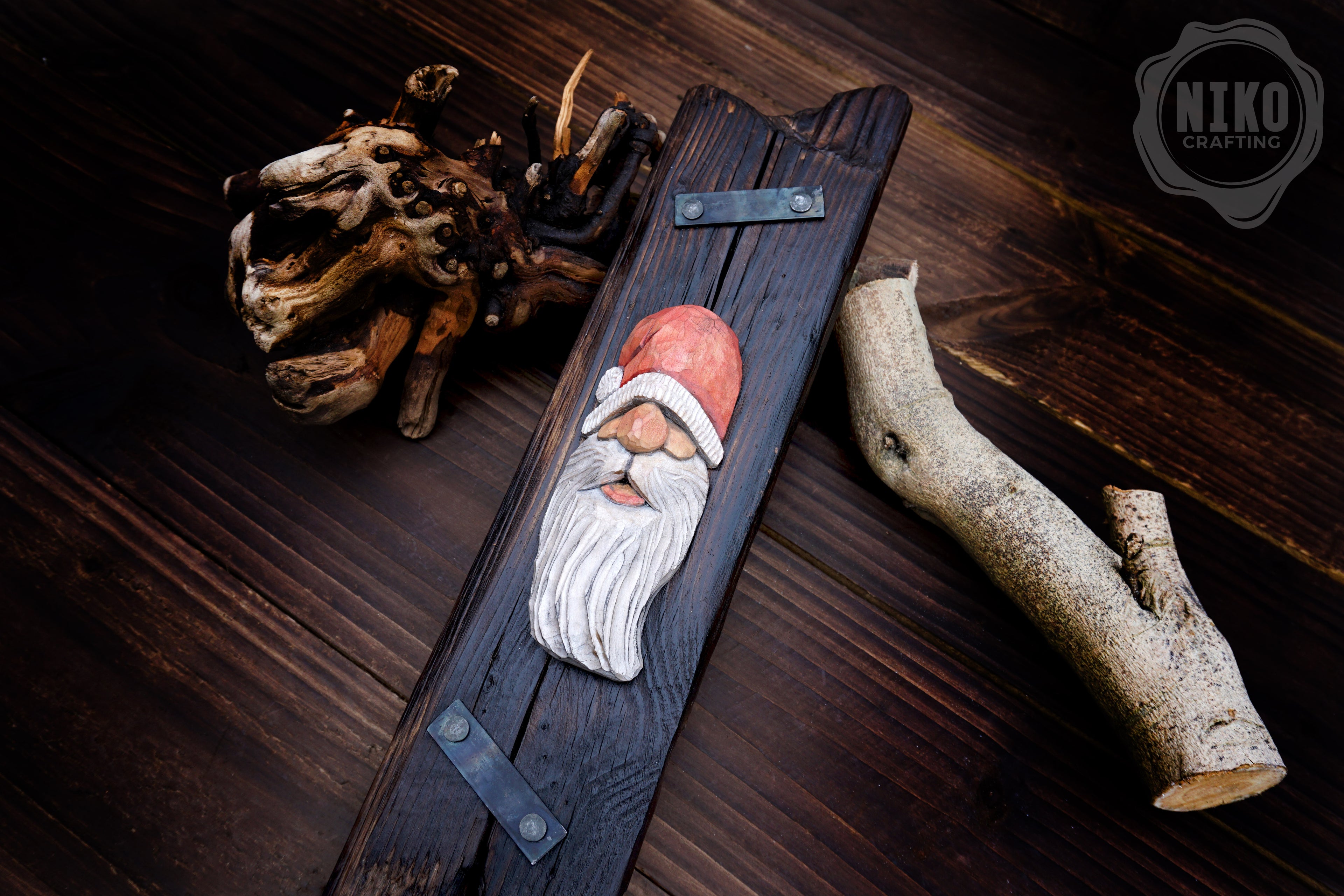 Hand-Carved Santa Claus Wall Art- Rustic Christmas Decoration. Personalised gift- B