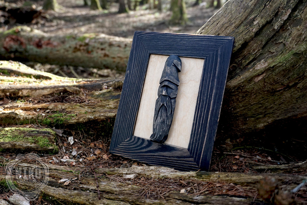 Hand - Carved Viking in Frame - Personalized Rustic Home Decoration – Handmade Wal Art - Black