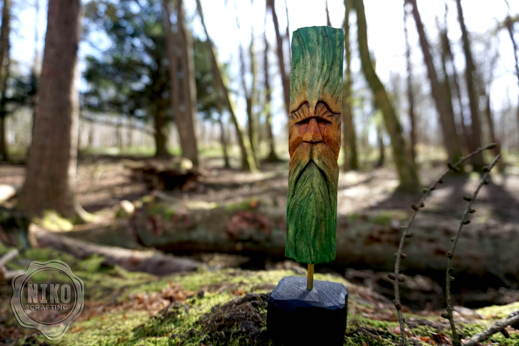 Hand Carved Green Man - Whittled Standing Figurine. Personalised Wood Spirit with stand.