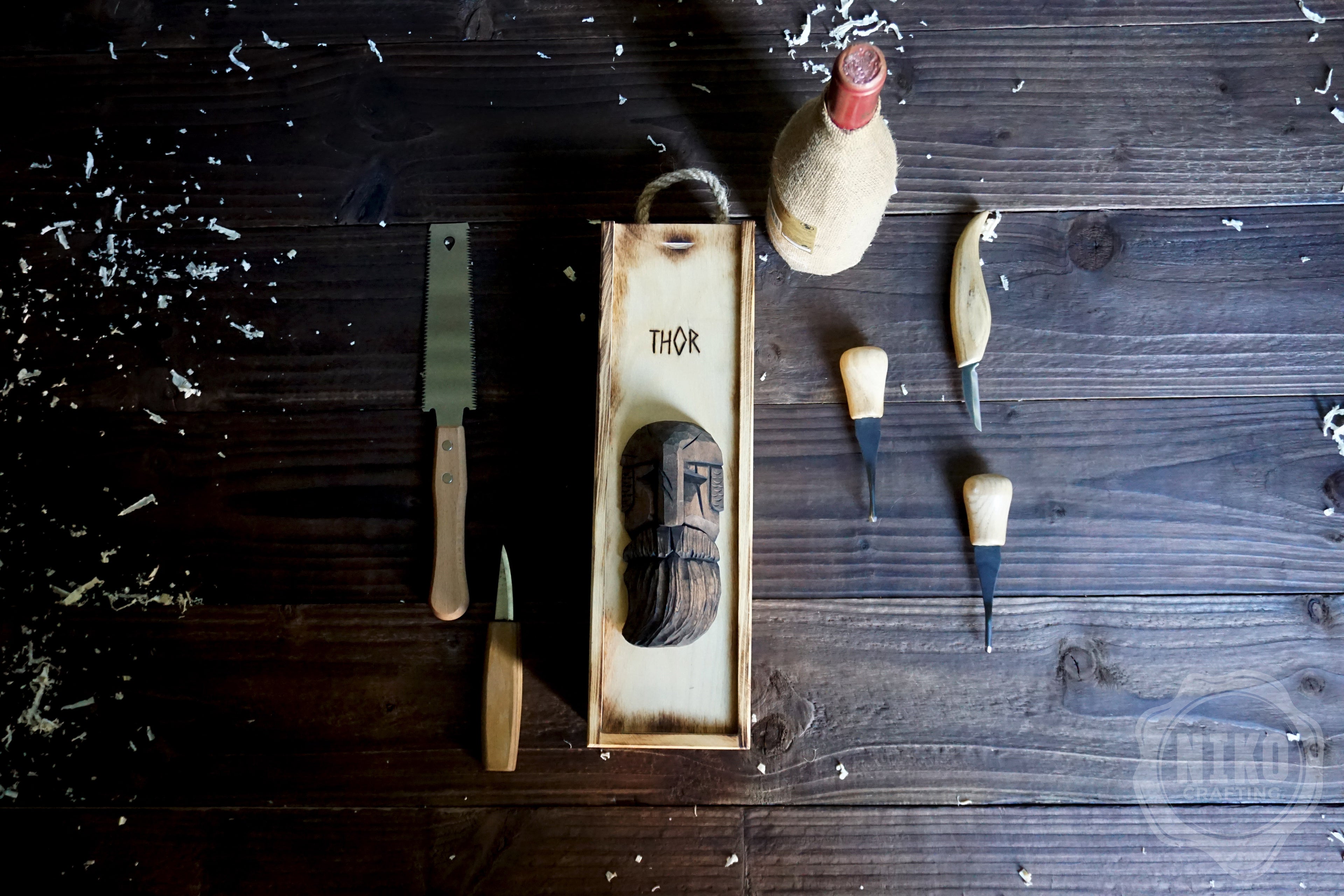 Handmade Wooden Wine Box - Carved Thor on Sliding Lid. Personalized Viking Gift - Chest with Rope Handle & Pyrography