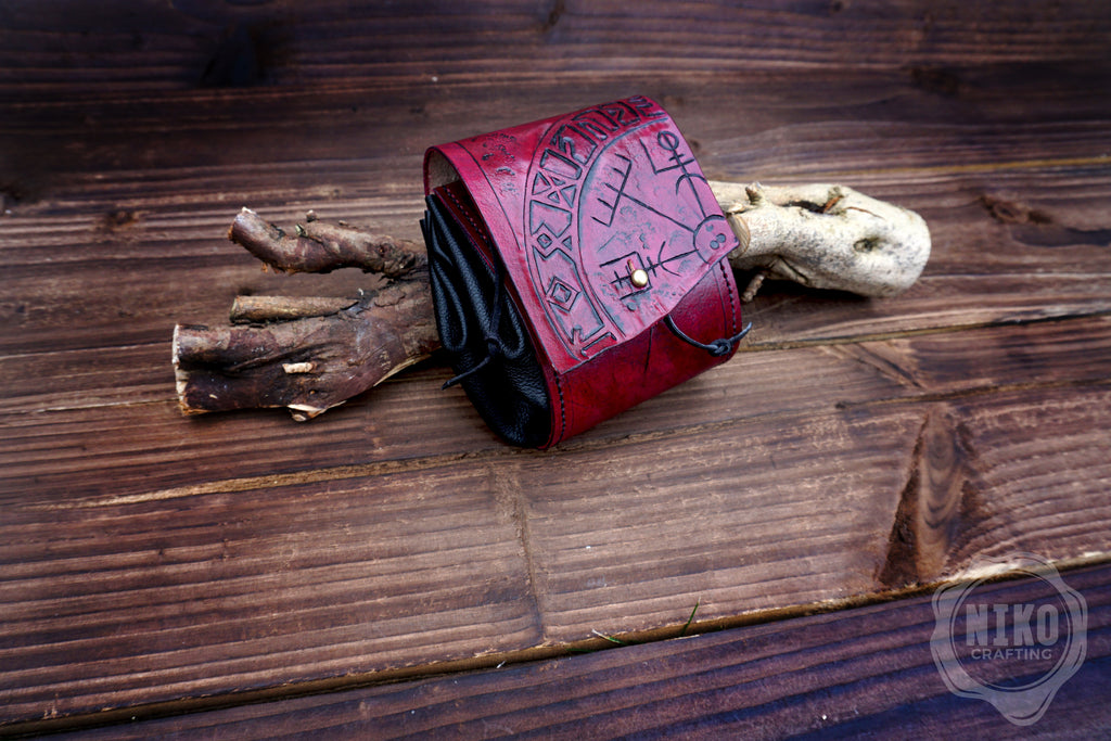 Handmade Viking Leather Belt Pouch: Vegvisir Embossing - Medieval, Pagan Hip-bag