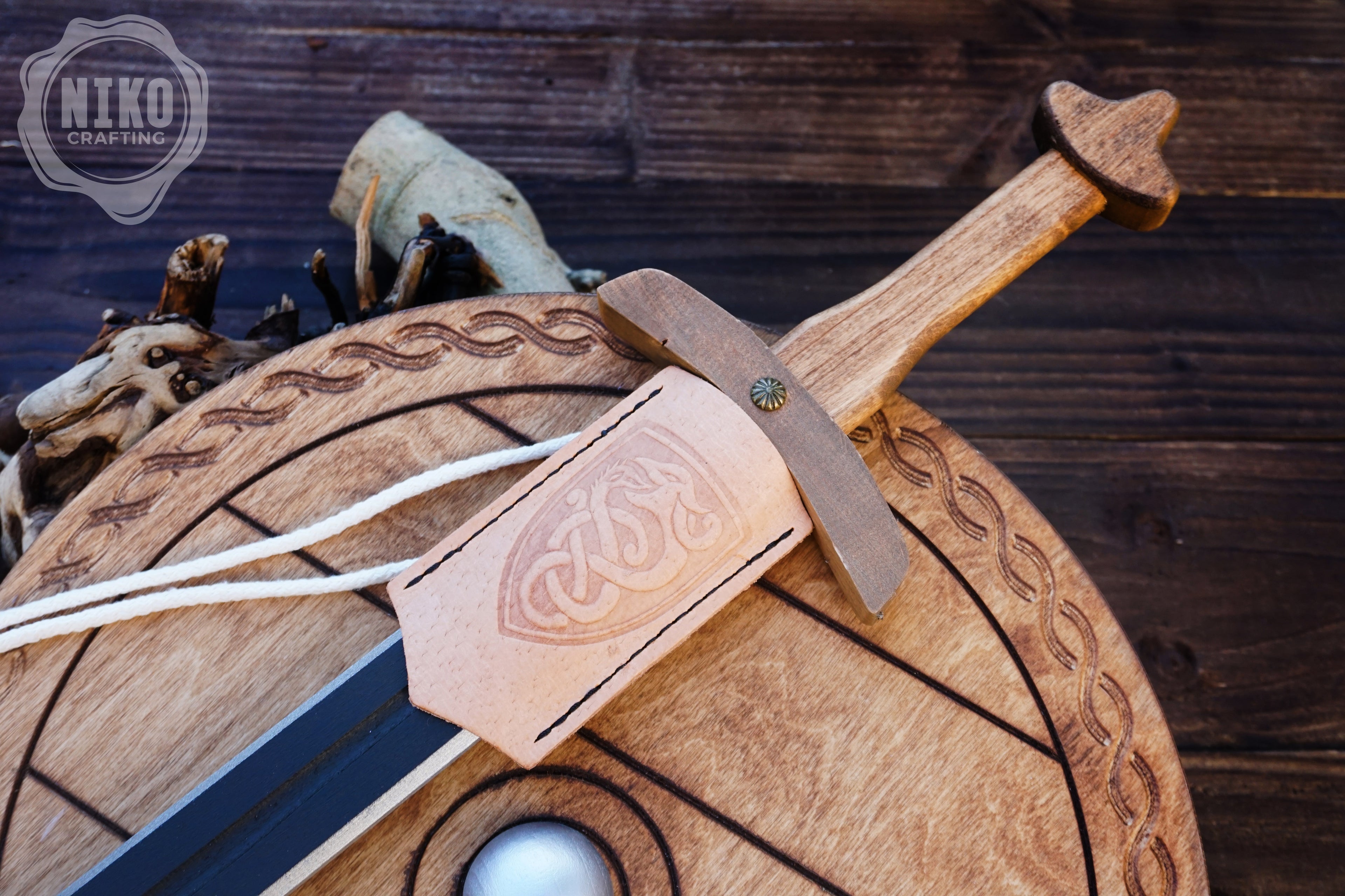 Wooden Toy Viking Sword and Round Shield Set: Handmade Personalised Gift - C