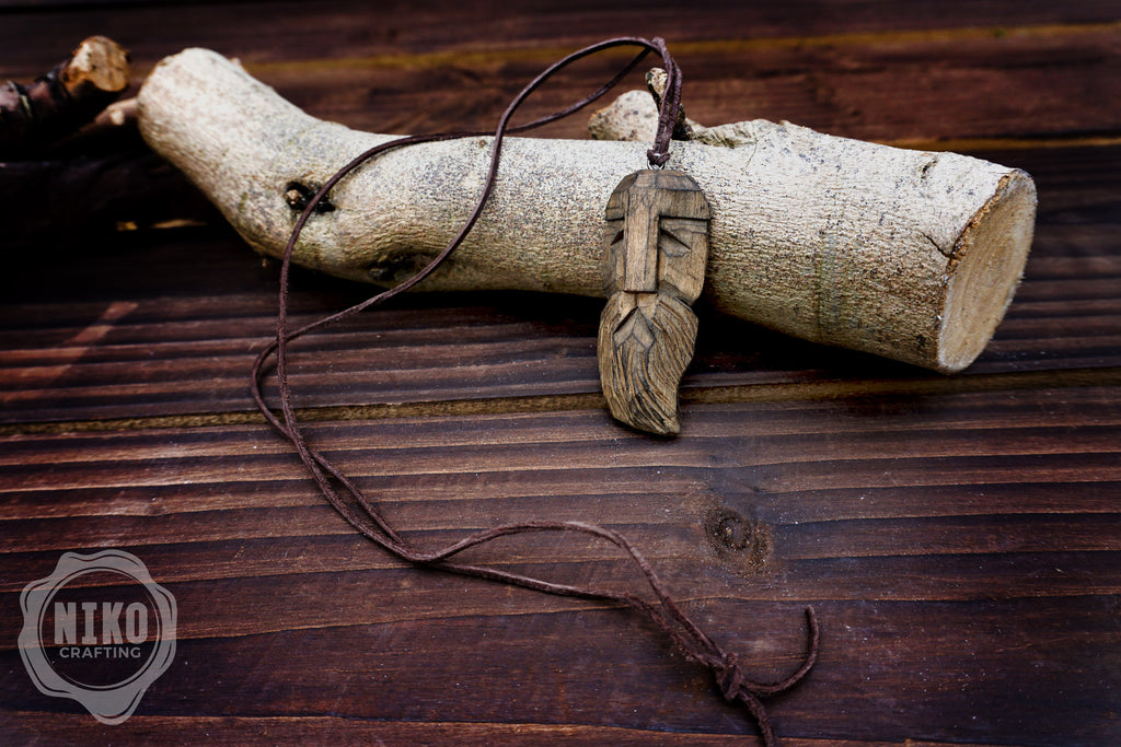 Hand-Carved Viking Pendant - Norse Jewellery. Wooden Necklace on Leather Cord - Personalized whittling gift.