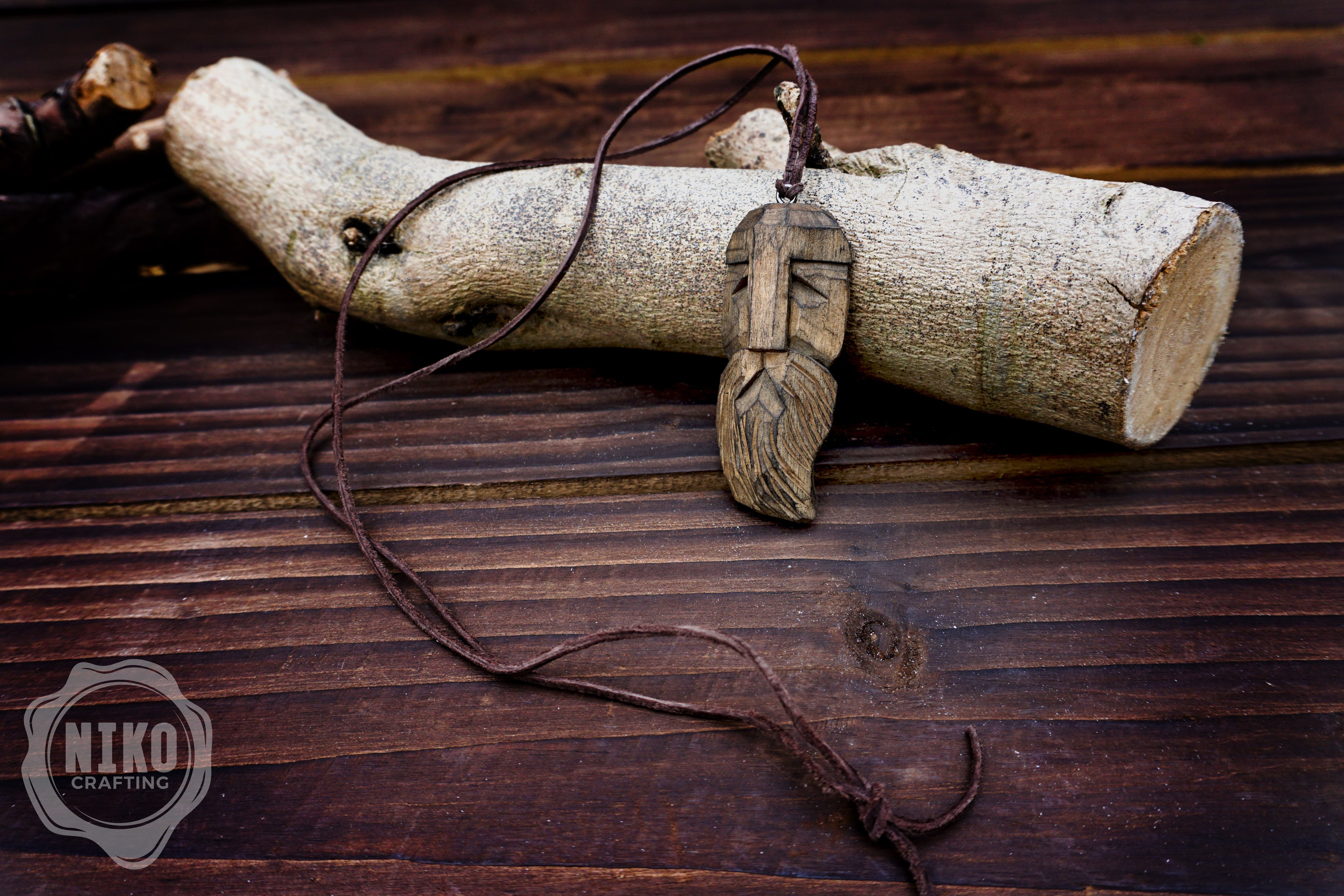 Hand-Carved Viking Pendant - Norse Jewellery. Wooden Necklace on Leather Cord - Personalized whittling gift.