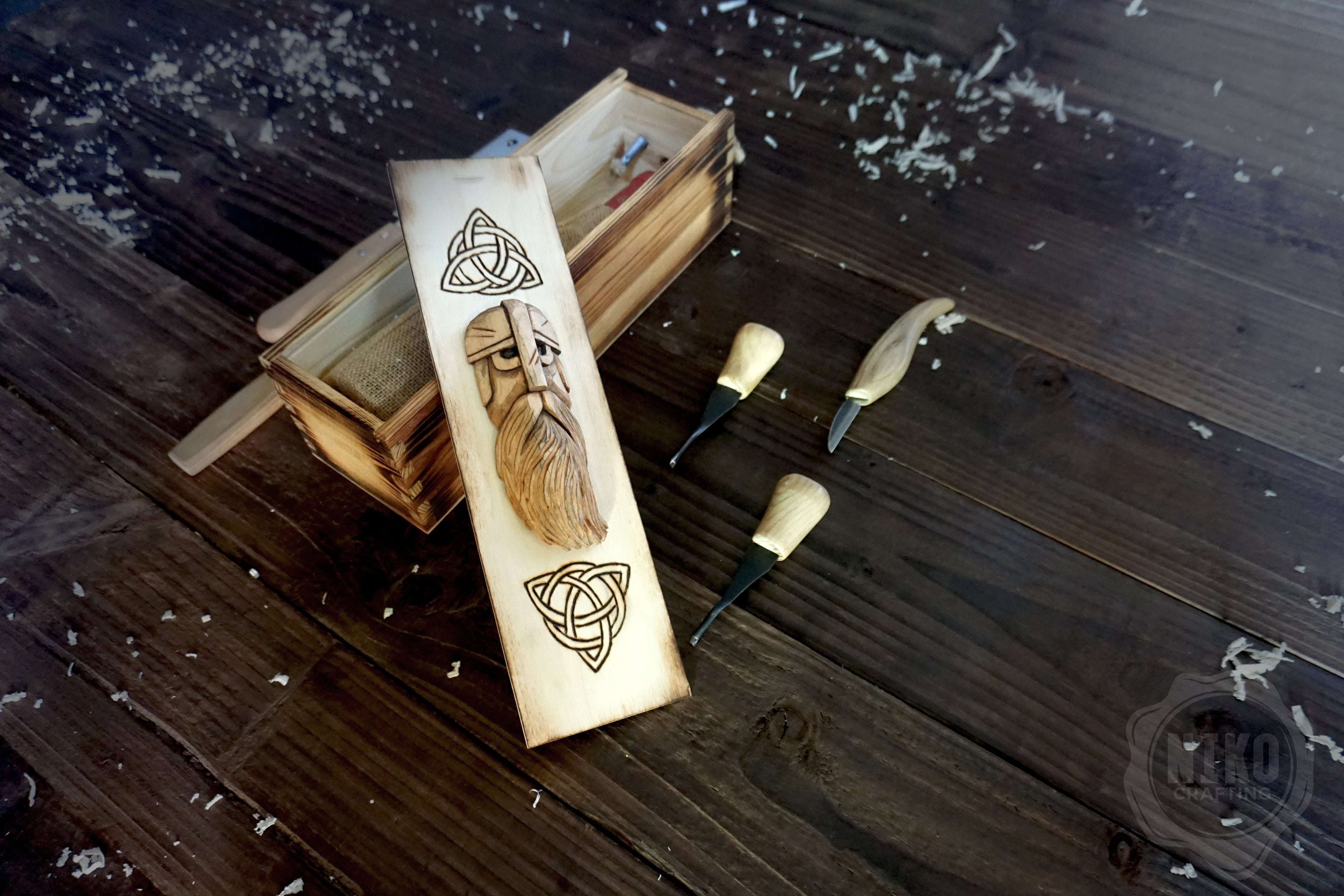 Handmade Wooden Wine Box - Carved Viking Warrior on Sliding Lid. Personalized Gift - Chest with Rope Handle & Pyrography