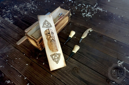 Handmade Wooden Wine Box - Carved Viking Warrior on Sliding Lid. Personalized Gift - Chest with Rope Handle & Pyrography