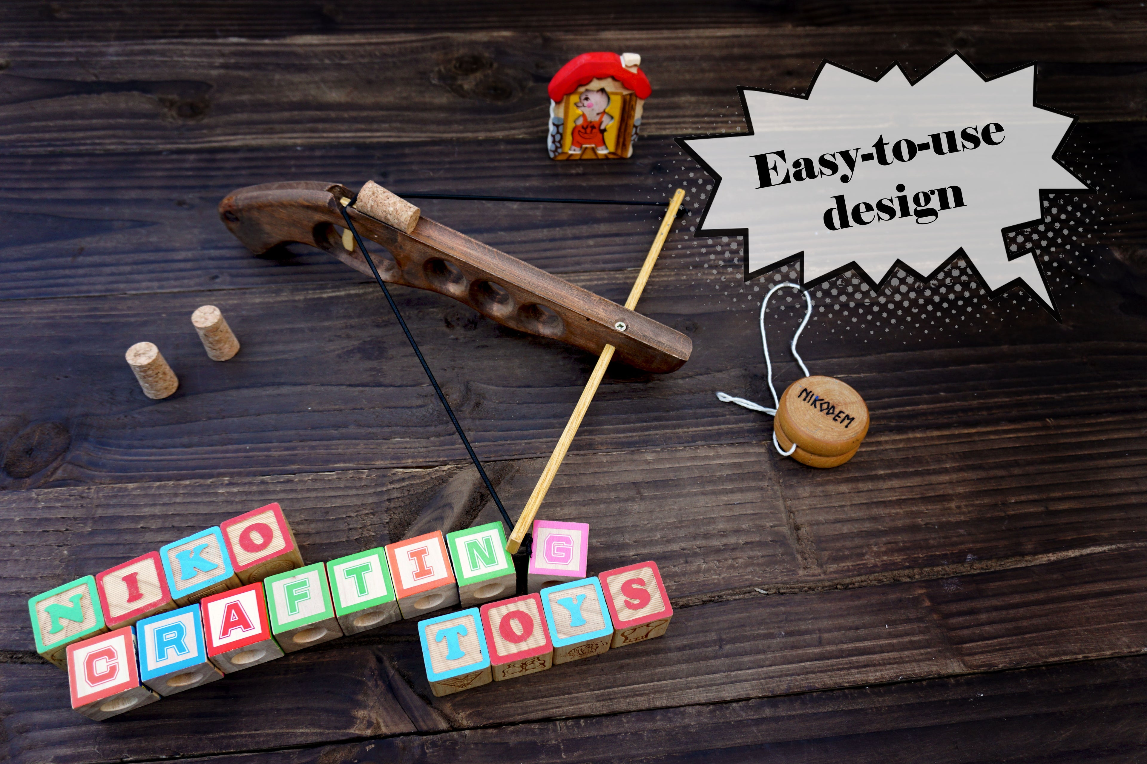 Wooden Cork-Crossbow and 3 corck: Handmade, Personalised Gift toy