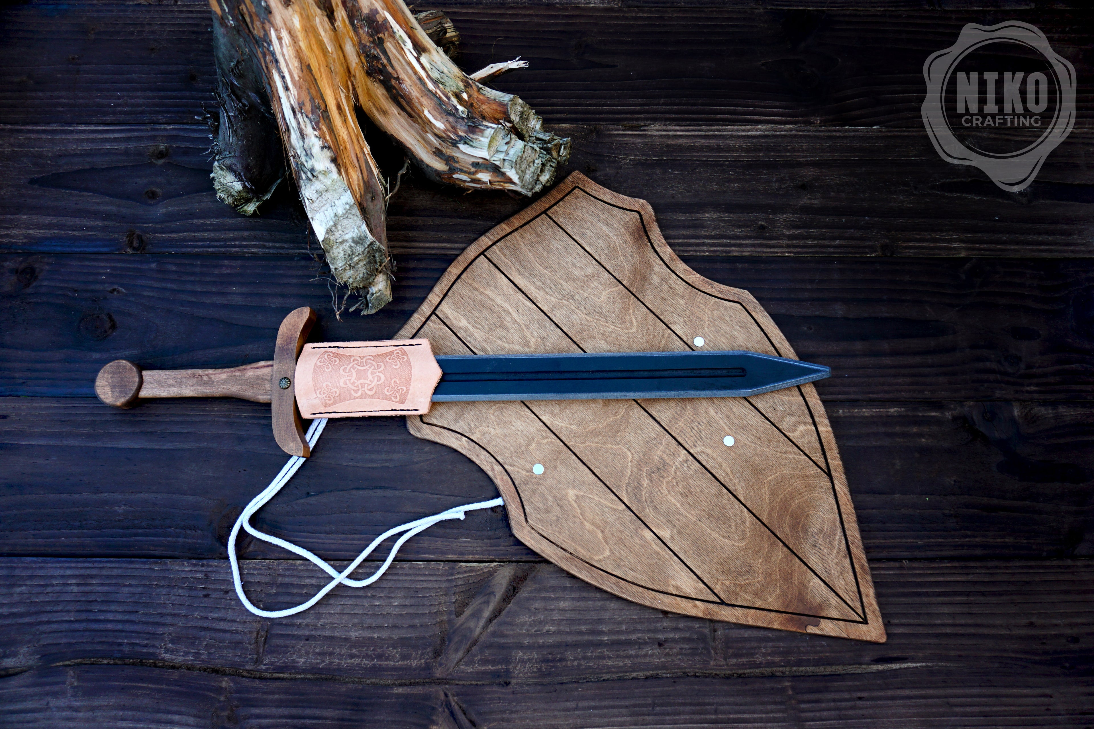 Wooden Toy Sword with Knight Shield and Scabbard - Personalised, handmade gift