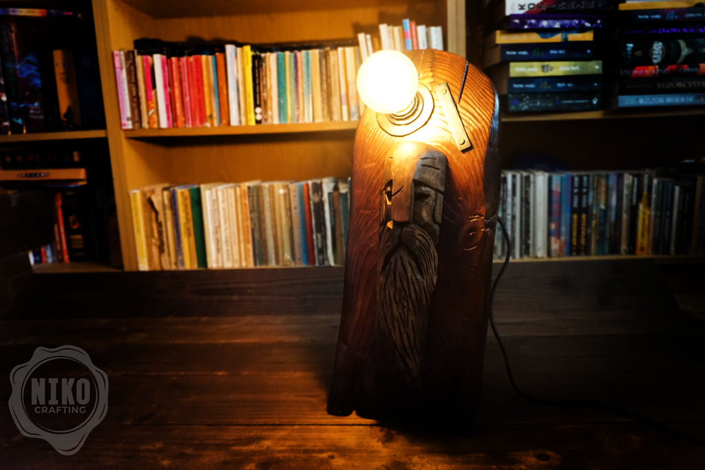 Handmade Wooden Viking Lamp – Pine Wood Base and Lime Wood Sculpture – Hand Carved